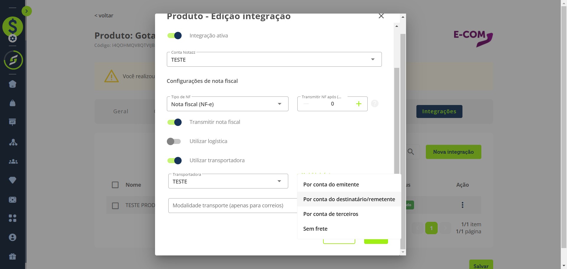 Selecione a modalidade do frete
