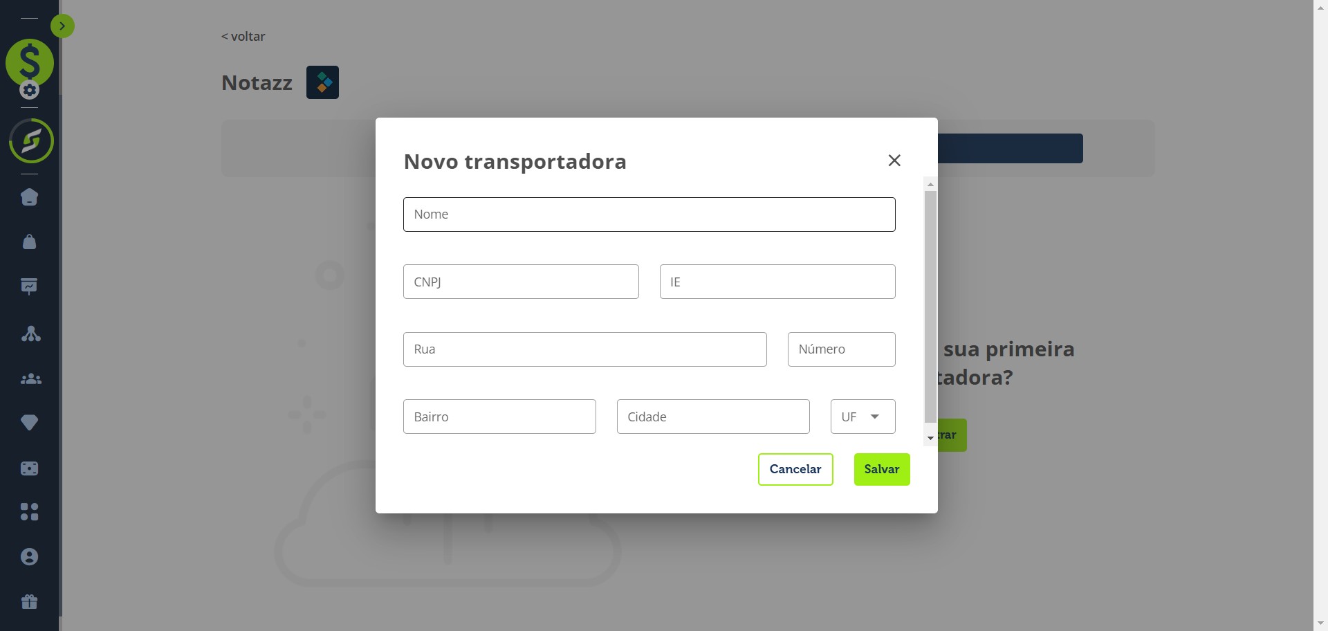Adicione os dados da tranpostadora exatamente como serão enviados para o Notazz