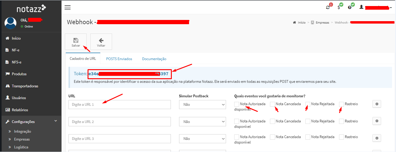 Copie o "Webhook token"