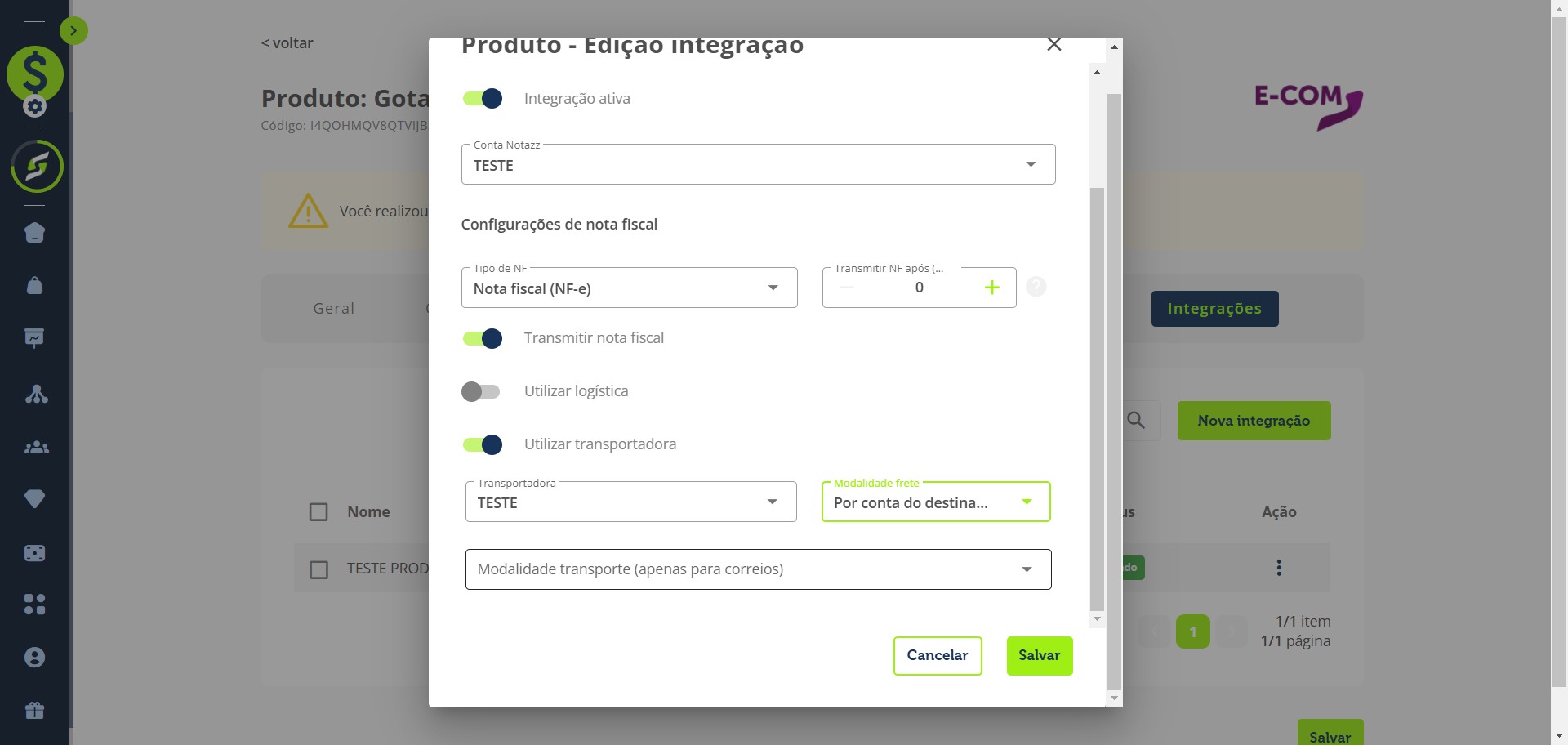 Selecione a modalidade de transporte (apenas para Correios)