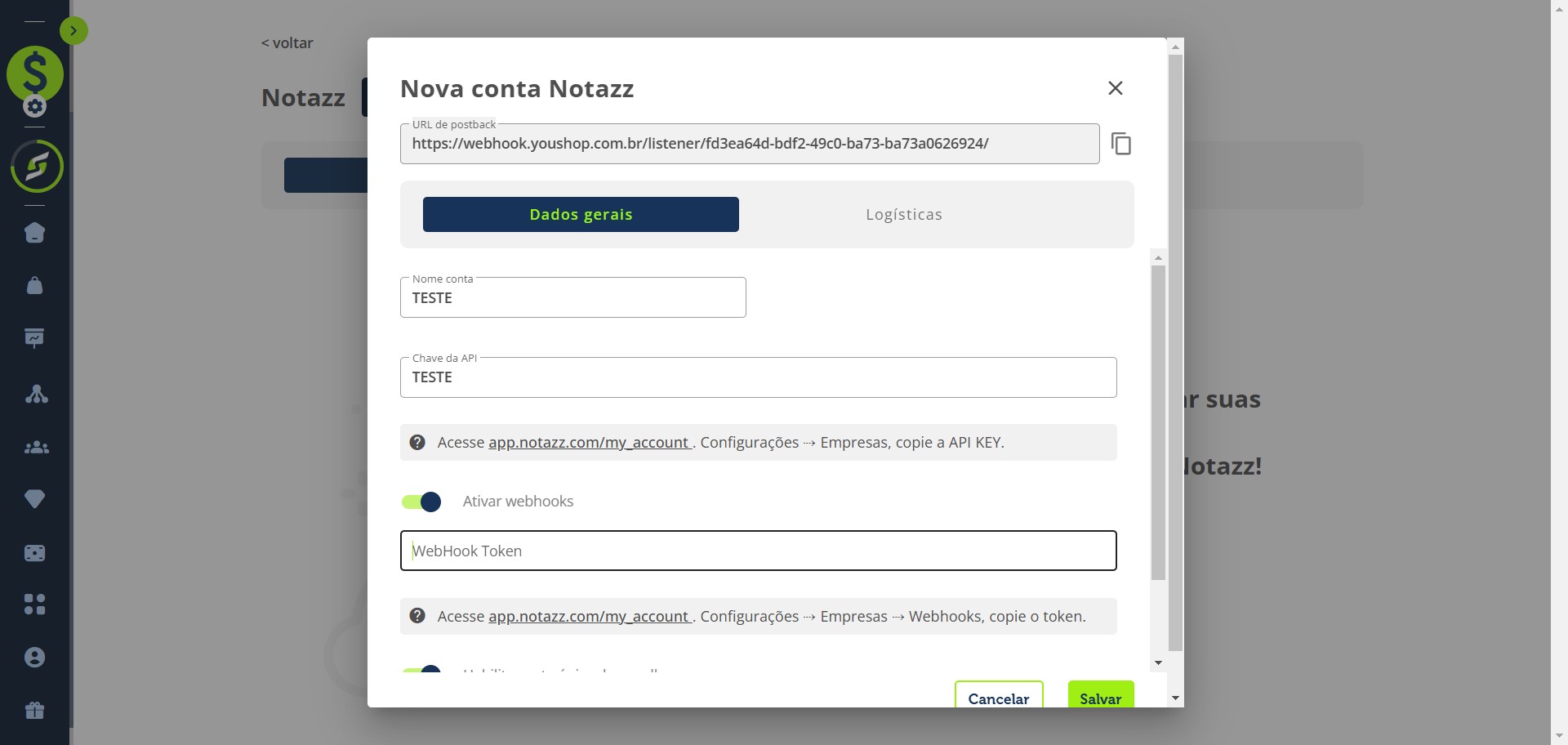 Volte para a YouShop e cole o conteúdo no campo "Chave da API"