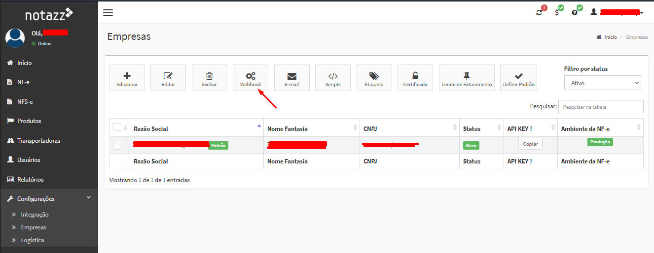 No Notazz, acesse sua conta, selecione a empresa e clique em "Webhook"