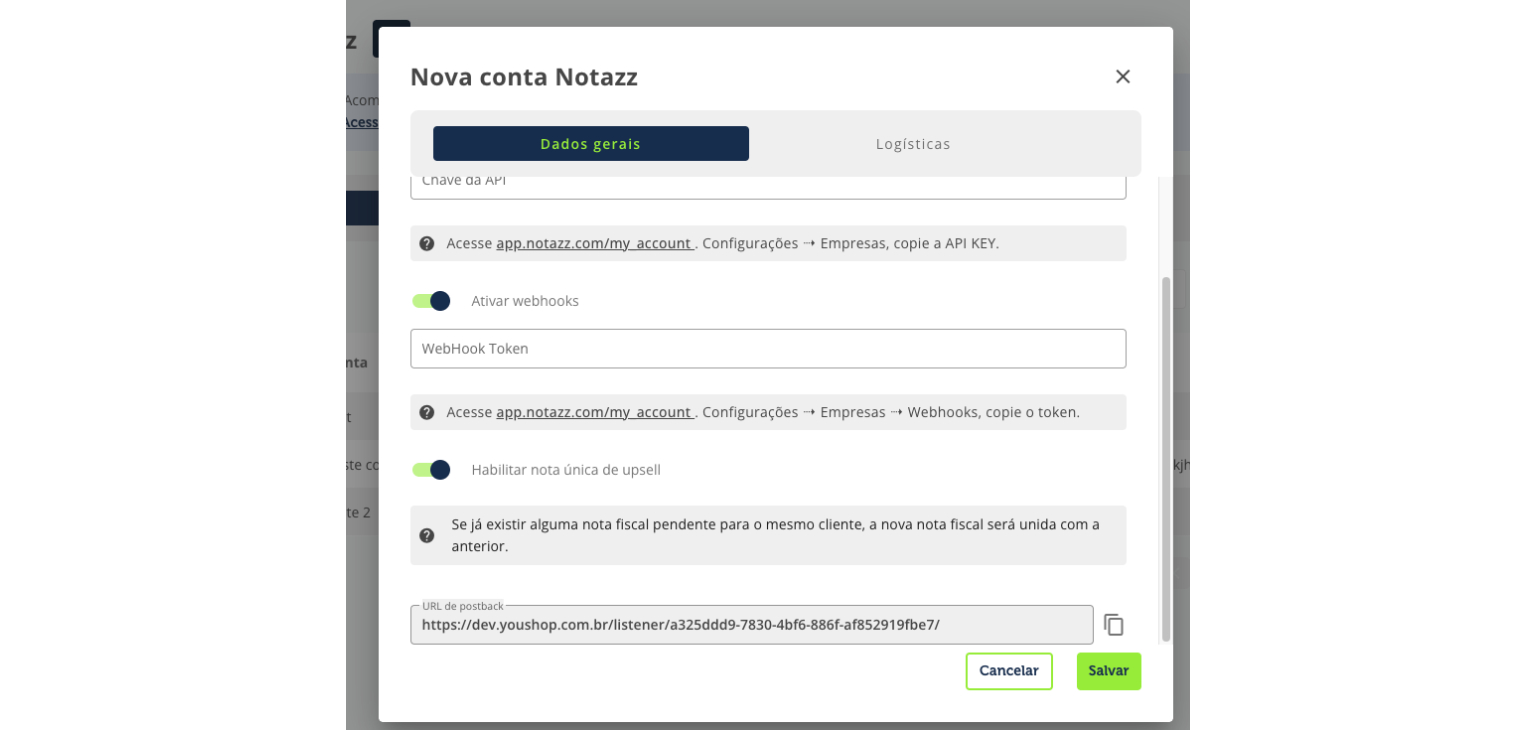 Agora copie a "URL de postback" da YouShop e volte ao Notazz