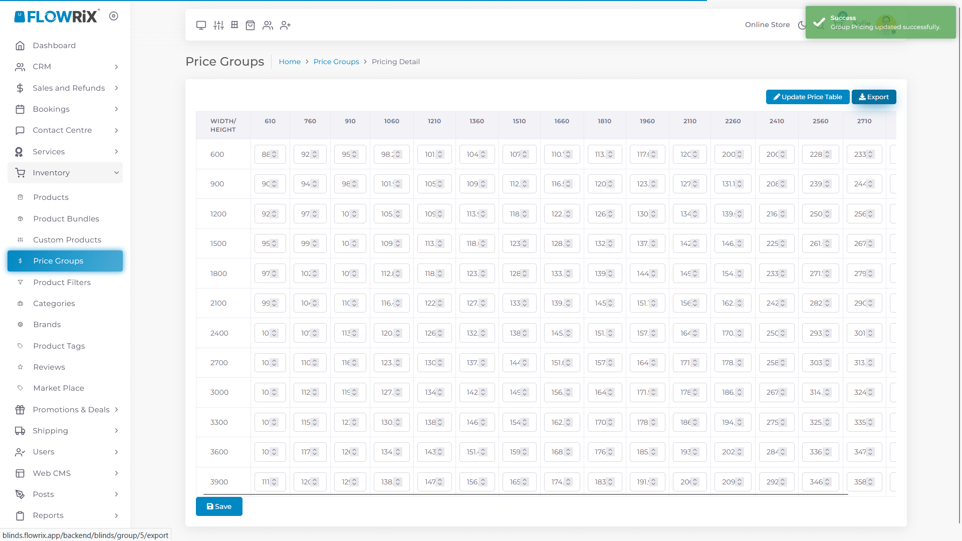 Click on **Export** to export price table as Excel file