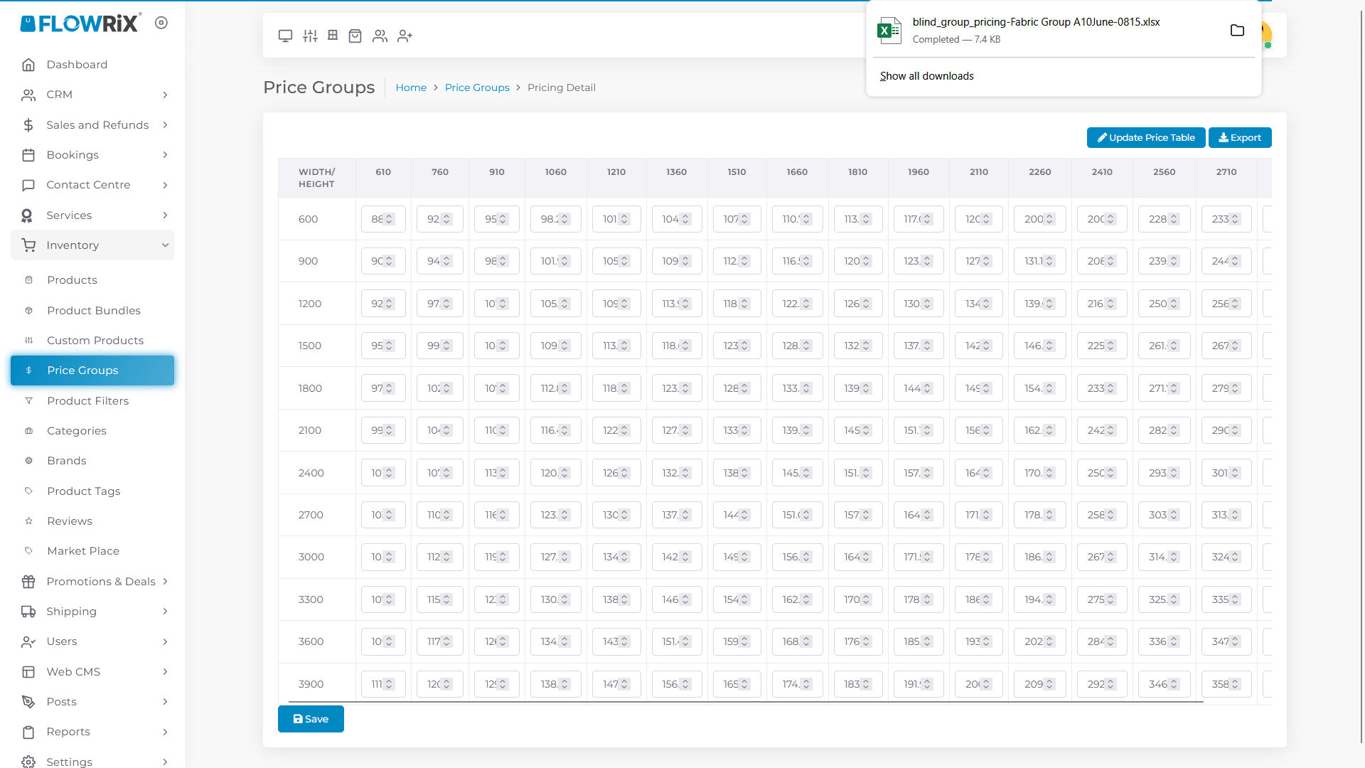 Click on Excel file to view the exported price table.