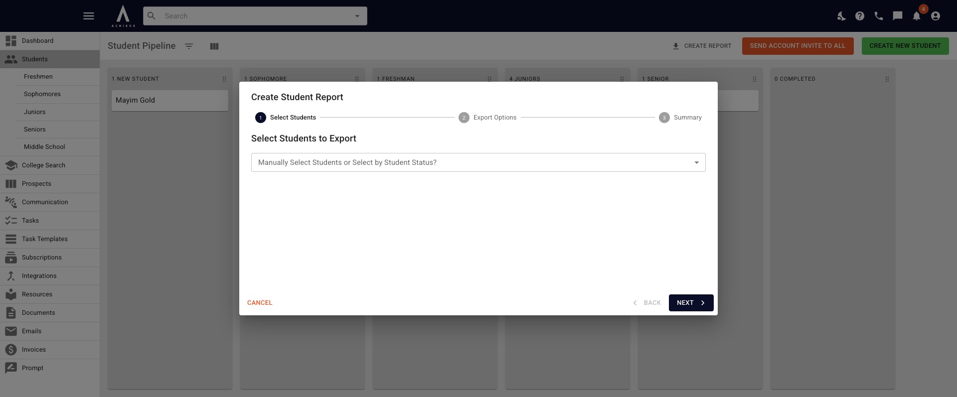 The **Create Student Report** pop-up will appear. For more information on reports, please see our **Reports** tutorial [here.](https://achieveiec.guidejar.xyz/guides/fa346191-eb43-4f6a-b160-ec3173a57bd1)