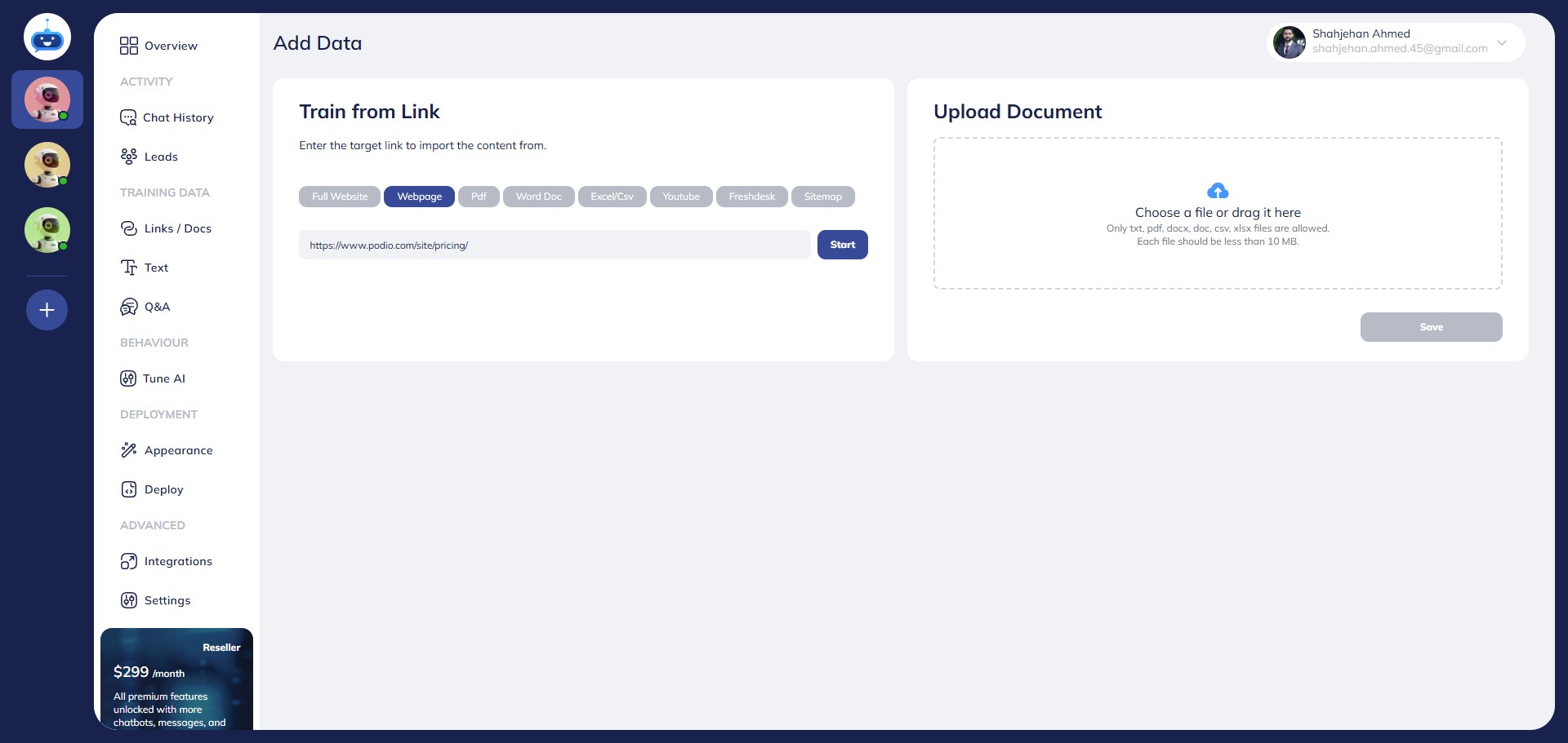 Enter the webpage URL that you want to add and click on the "Start" button.