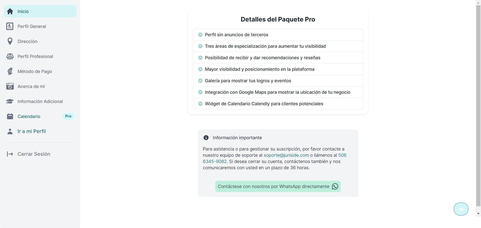 Ingrese a su perfil profesional en Juriside y diríjase a "Dirección".

