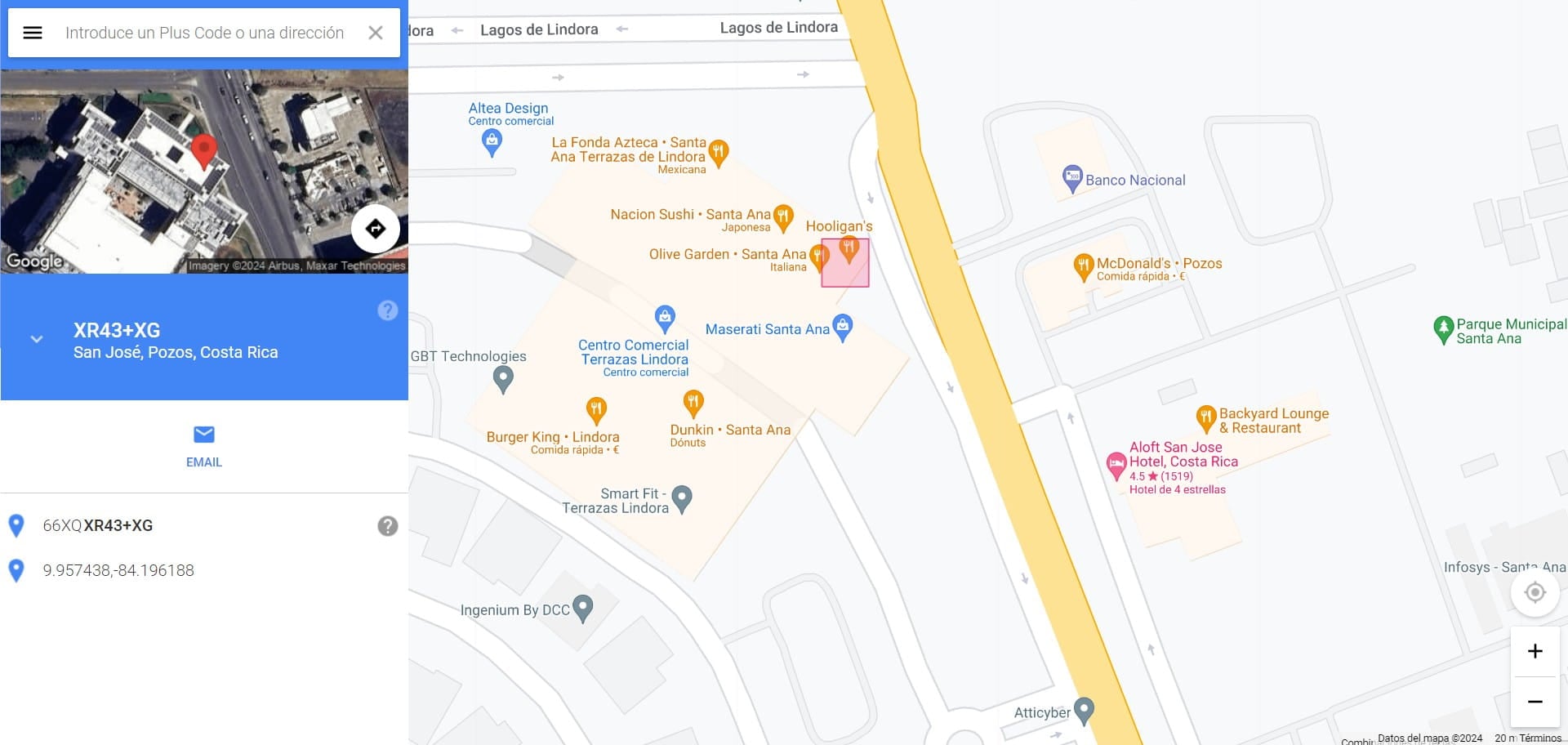 Se indican dos puntos de referencia. Sin embargo, para que sea más exacto, recomendamos seleccionar el segundo, el cual, en nuestro ejemplo, indica "9.957438,-84.196188". Copie su código para pegarlo posteriormente en su perfil de Juriside. 