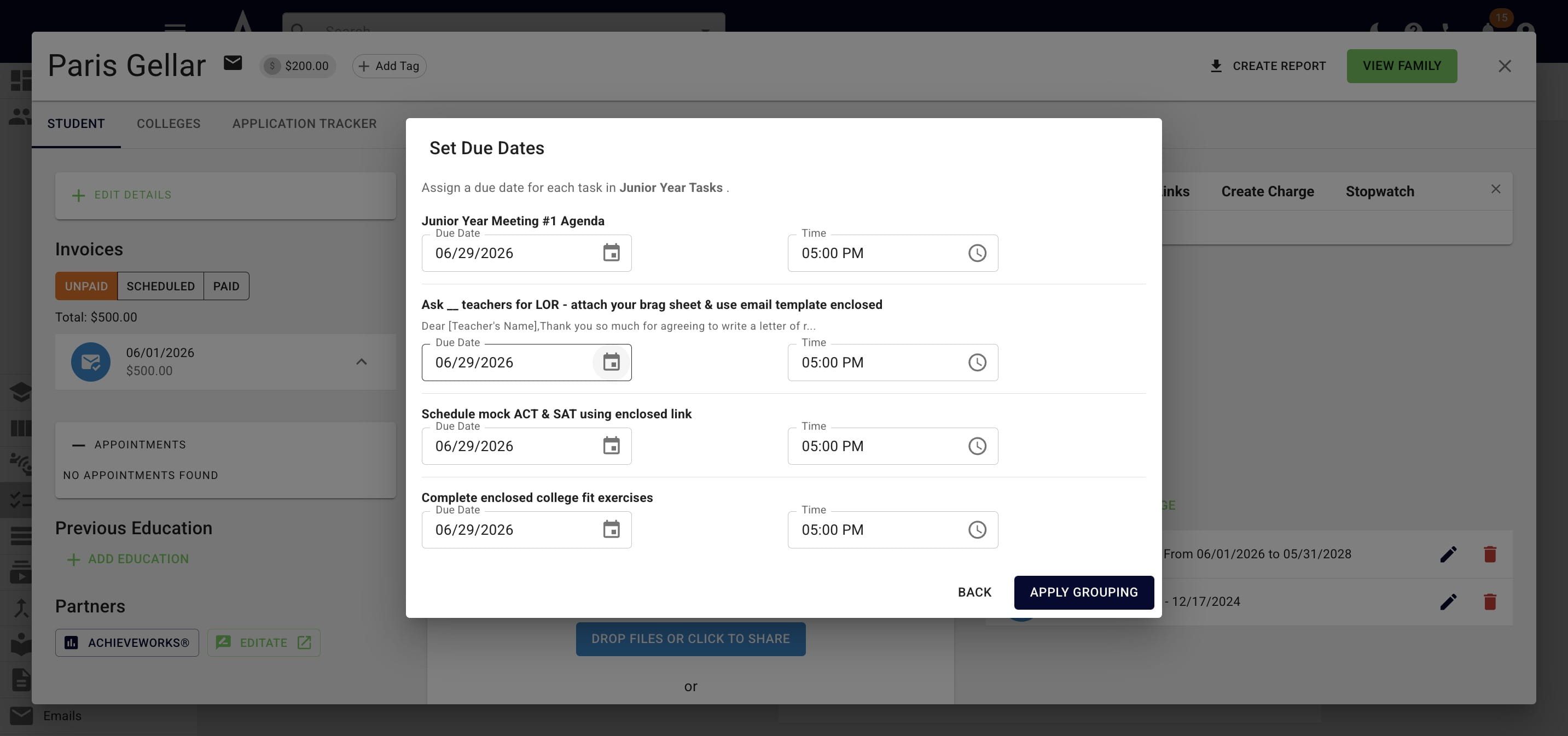 Change the due dates as needed and then press **Apply Grouping**