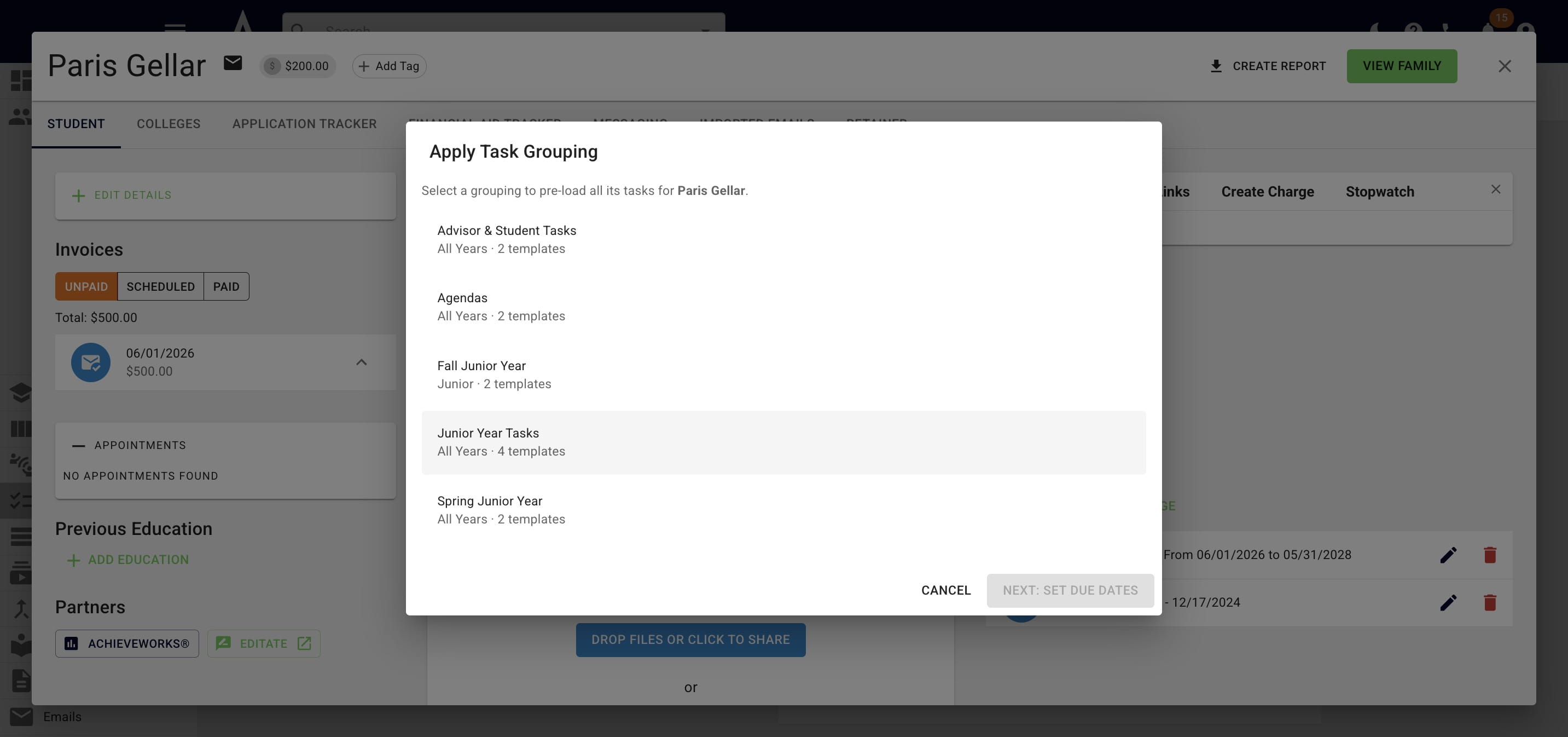 Choose the applicable task grouping 