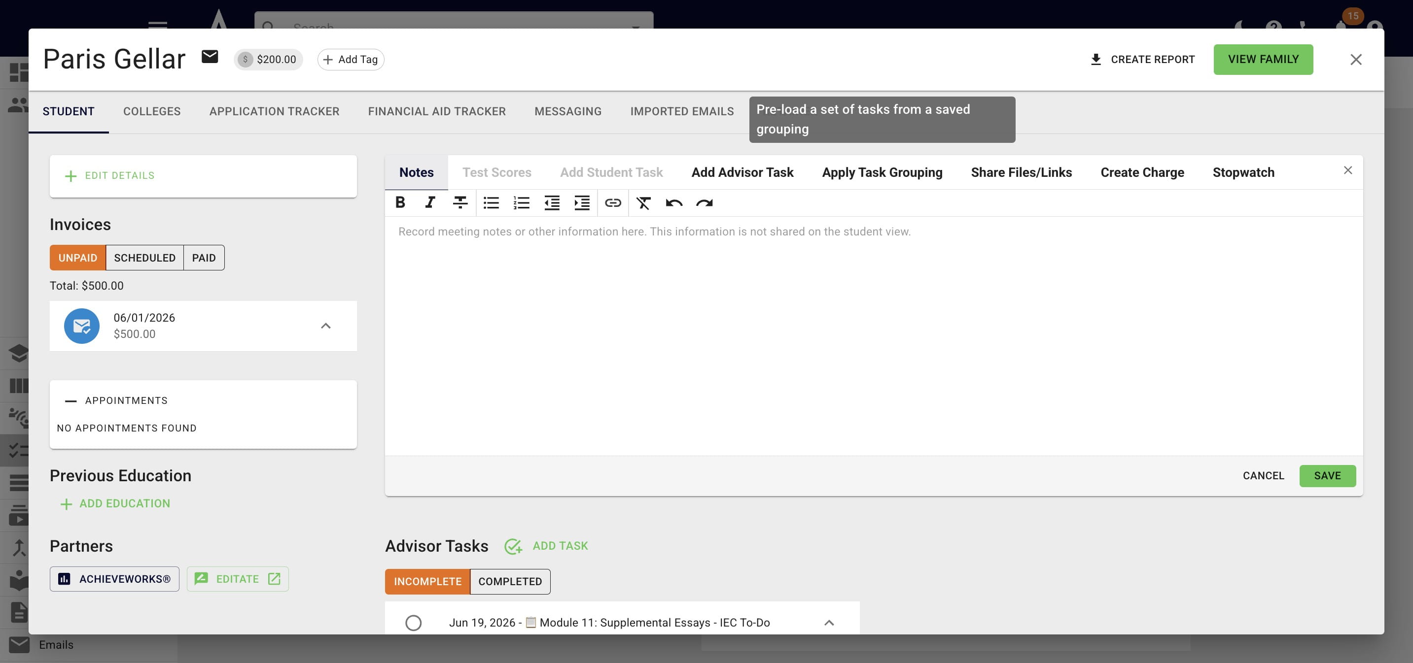 To assign a task grouping to a specific student, open up their Achieve profile and press **Apply Task Grouping** 