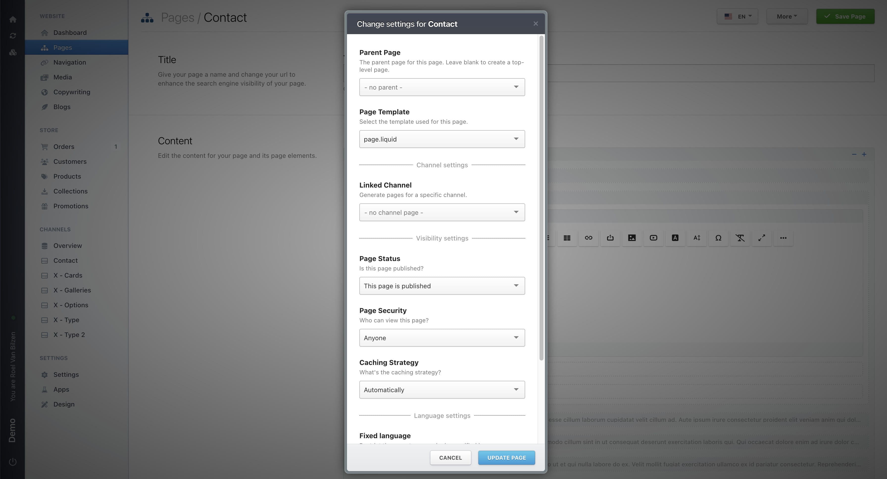 Change the parent page to move the page under another page. Leave it blank to move the page to the top level (far left). If a page is already selected, you can deselect it by pressing Backspace on your keyboard.