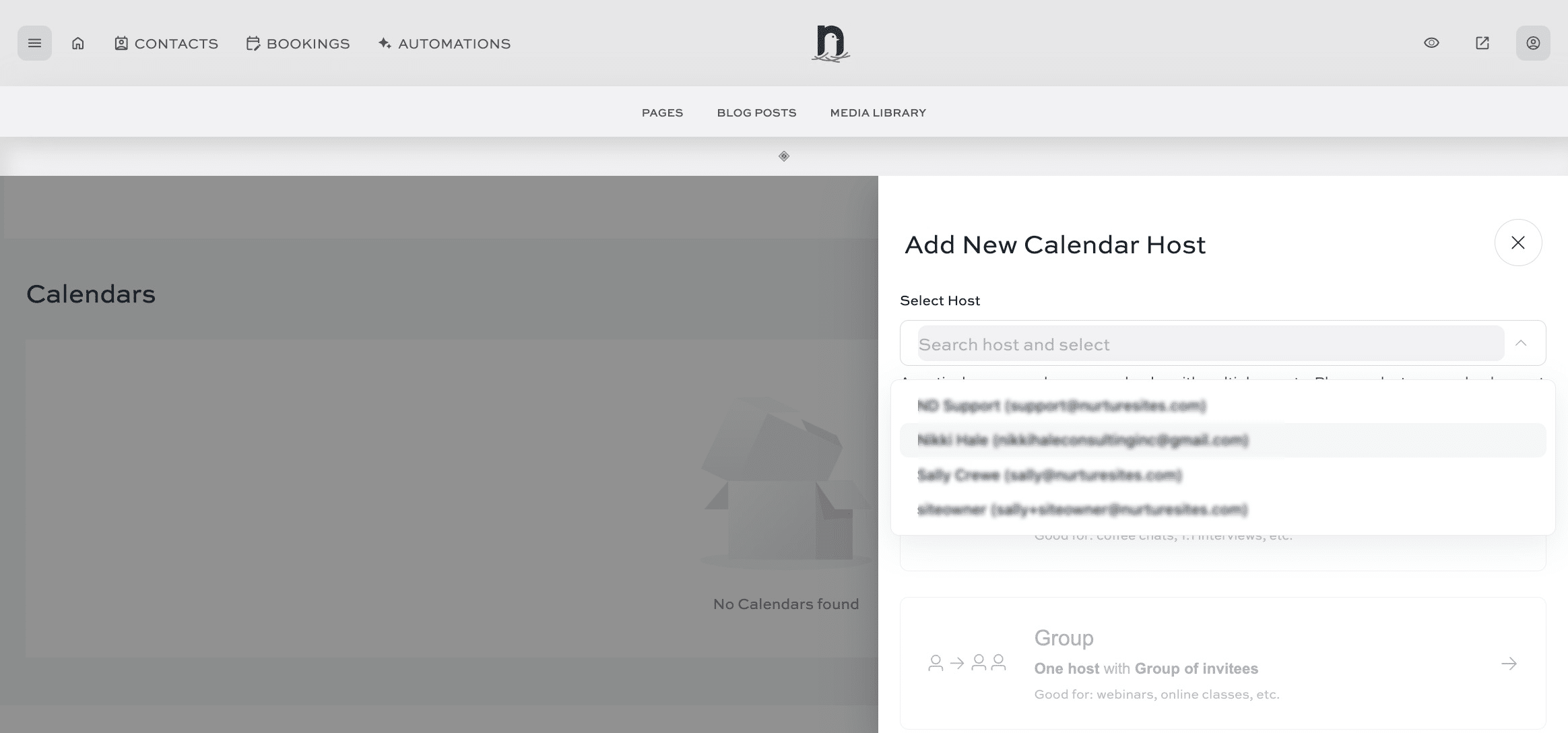 Select the host (usually yourself) from the list of users on your website.