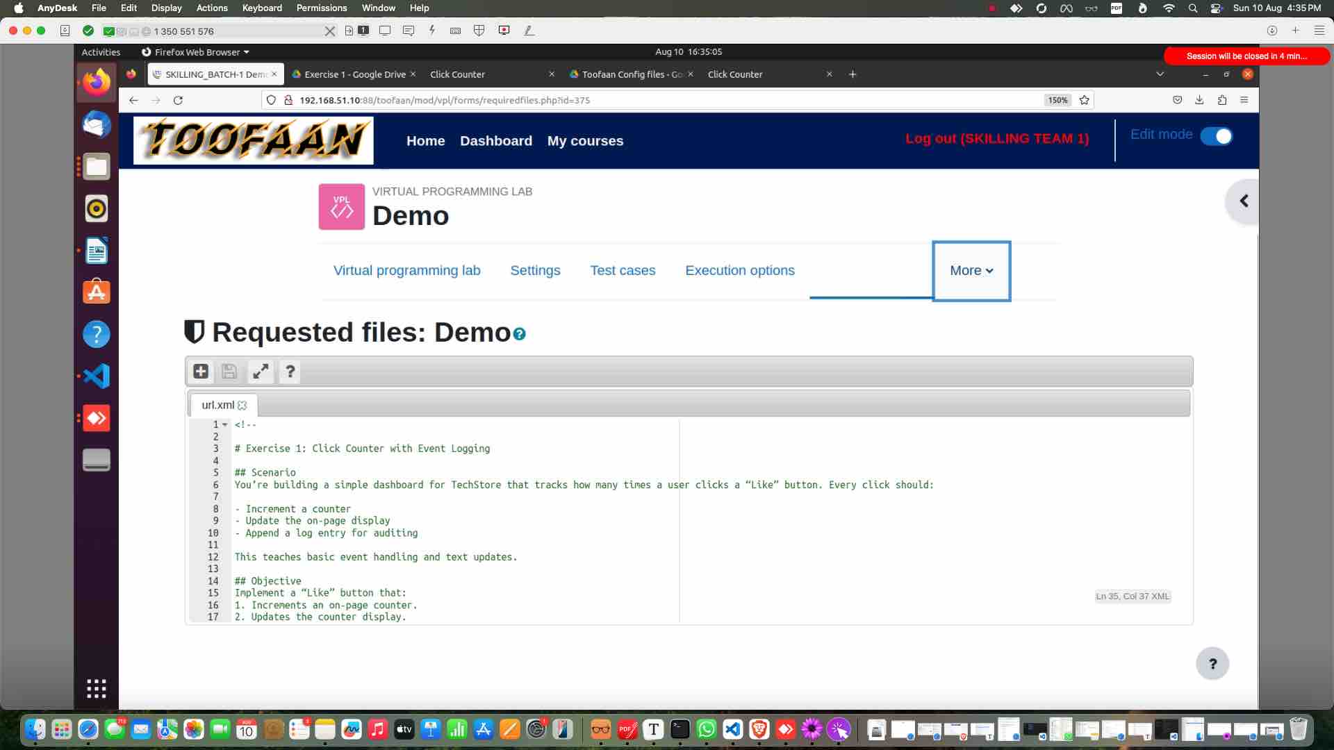 Lets test the exercise before releasing the exercise to students.
Click on "More"