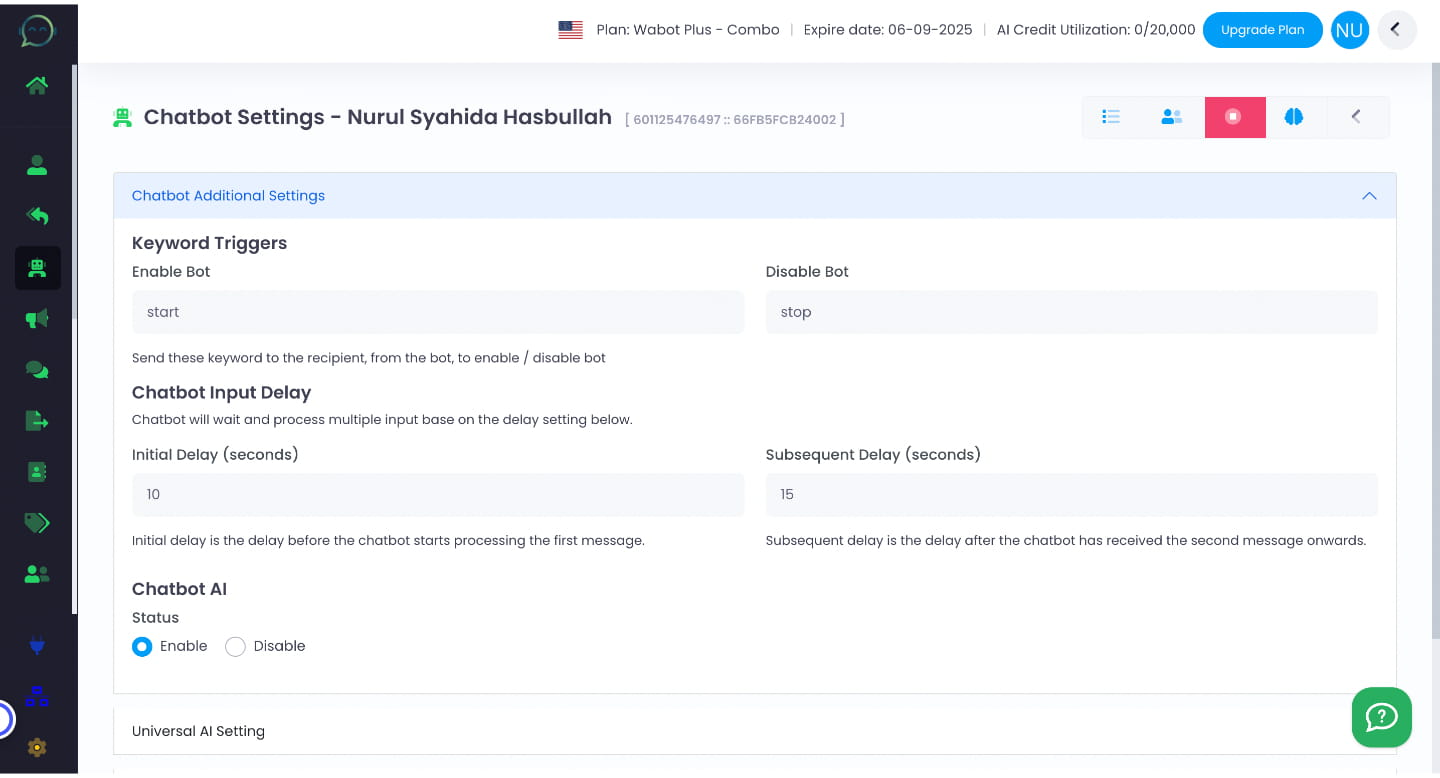 Settings in Chatbot AI