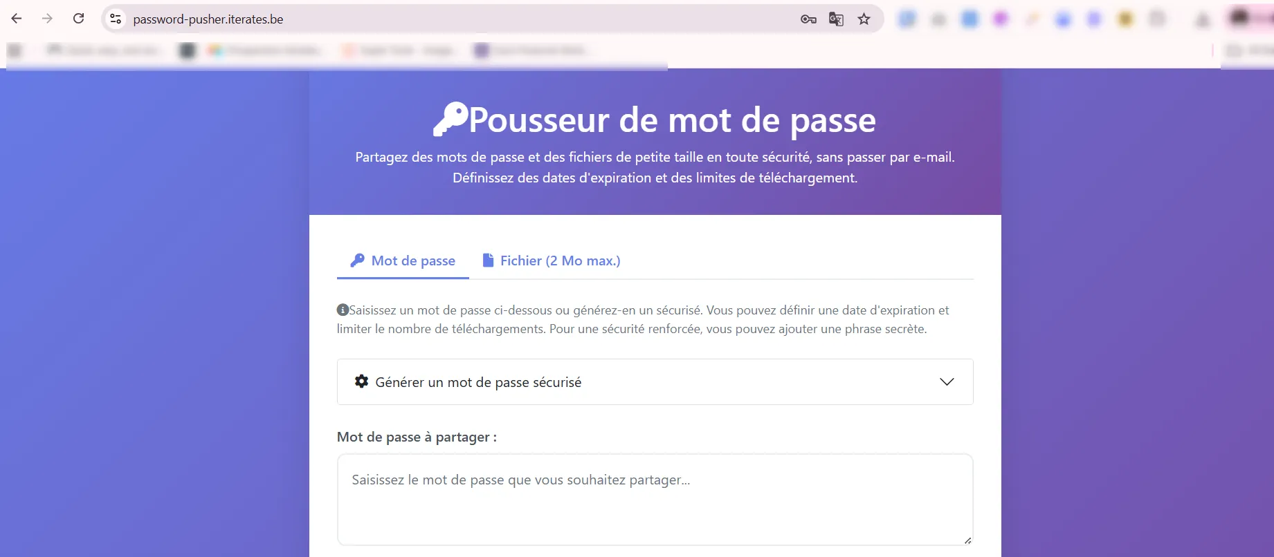 Une fois la clé copiée :
Va sur https://password-pusher.iterates.be/