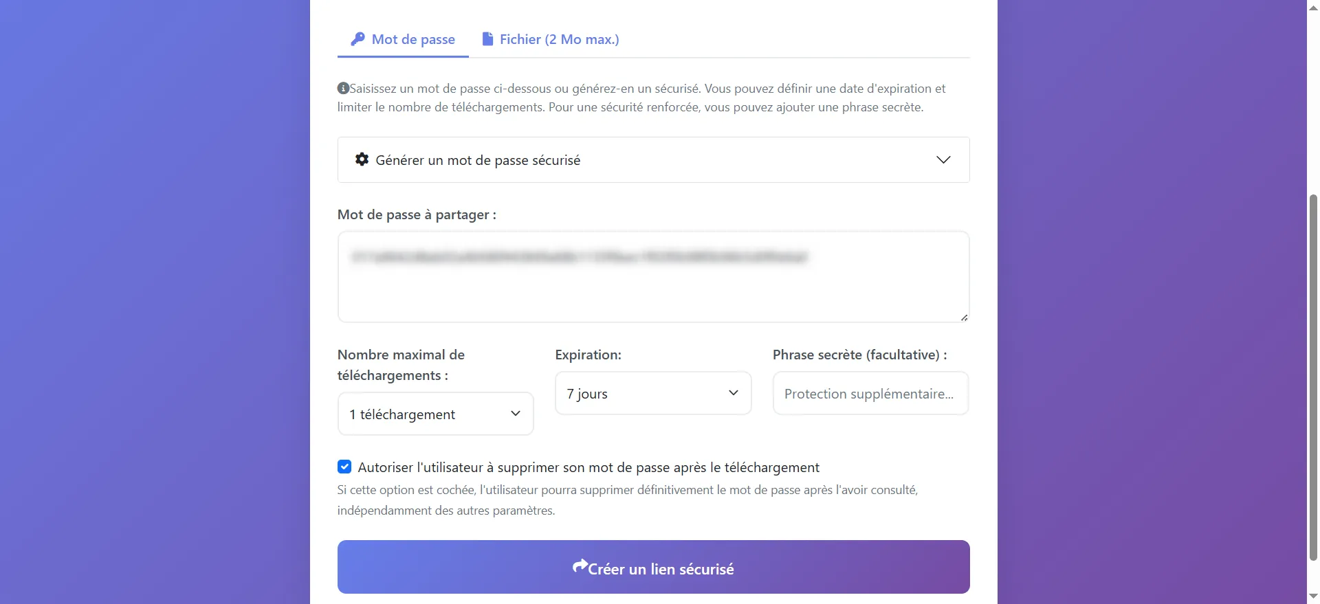 Colle la clé génerée sur le champ mot de passe à partager.