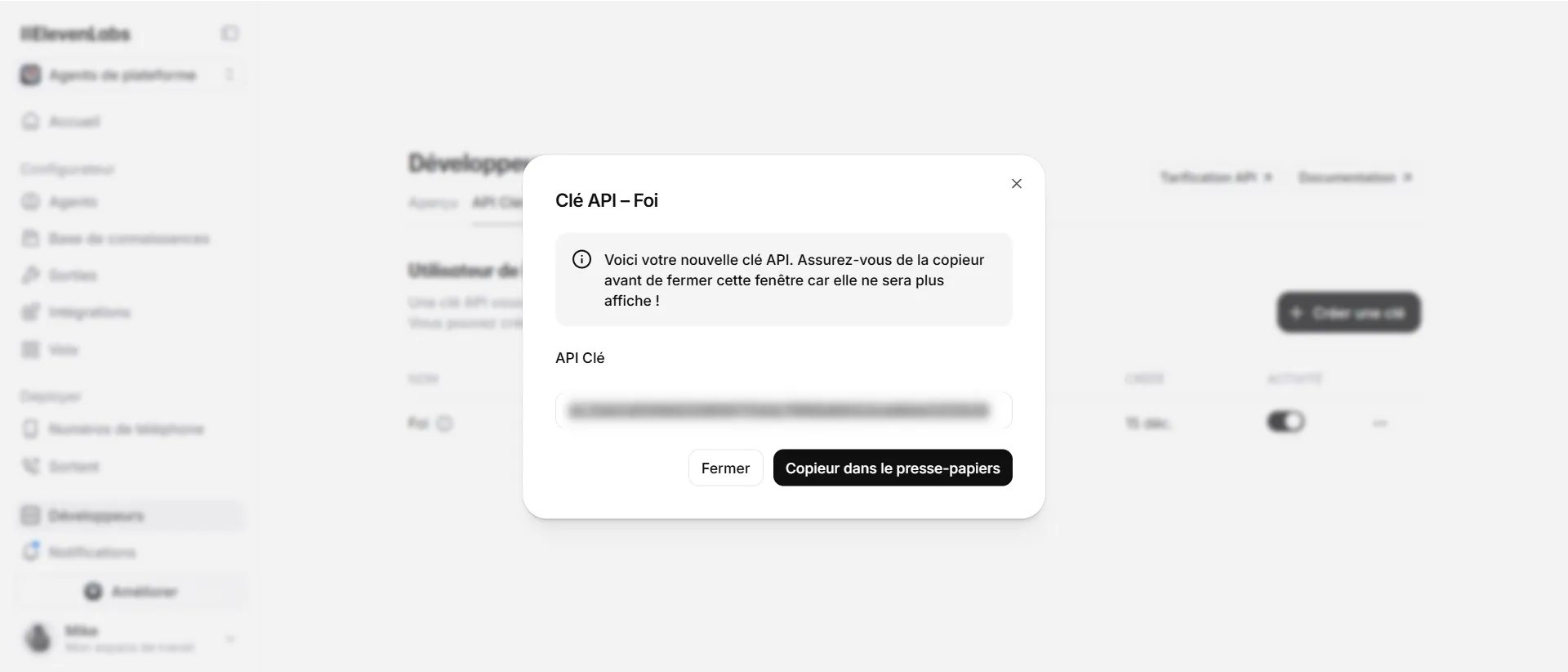 Copiez la clé générée pour la partager via https://password-pusher.iterates.be/