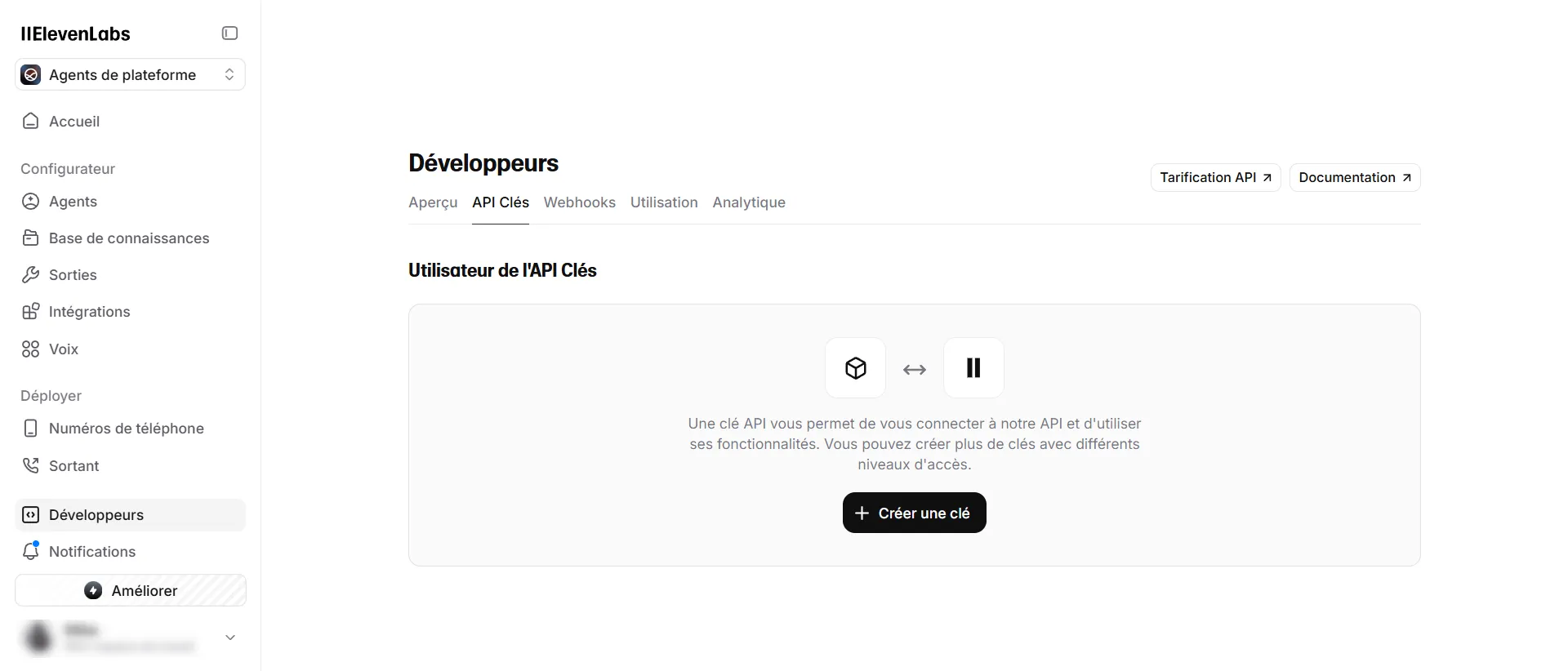 Sur l'interface d'acceuil, cliquez sur  la rubrique développeurs pour accéder à votre clé API.
C’est l’unique endroit officiel où ElevenLabs expose des credentials destinés à une utilisation externe.