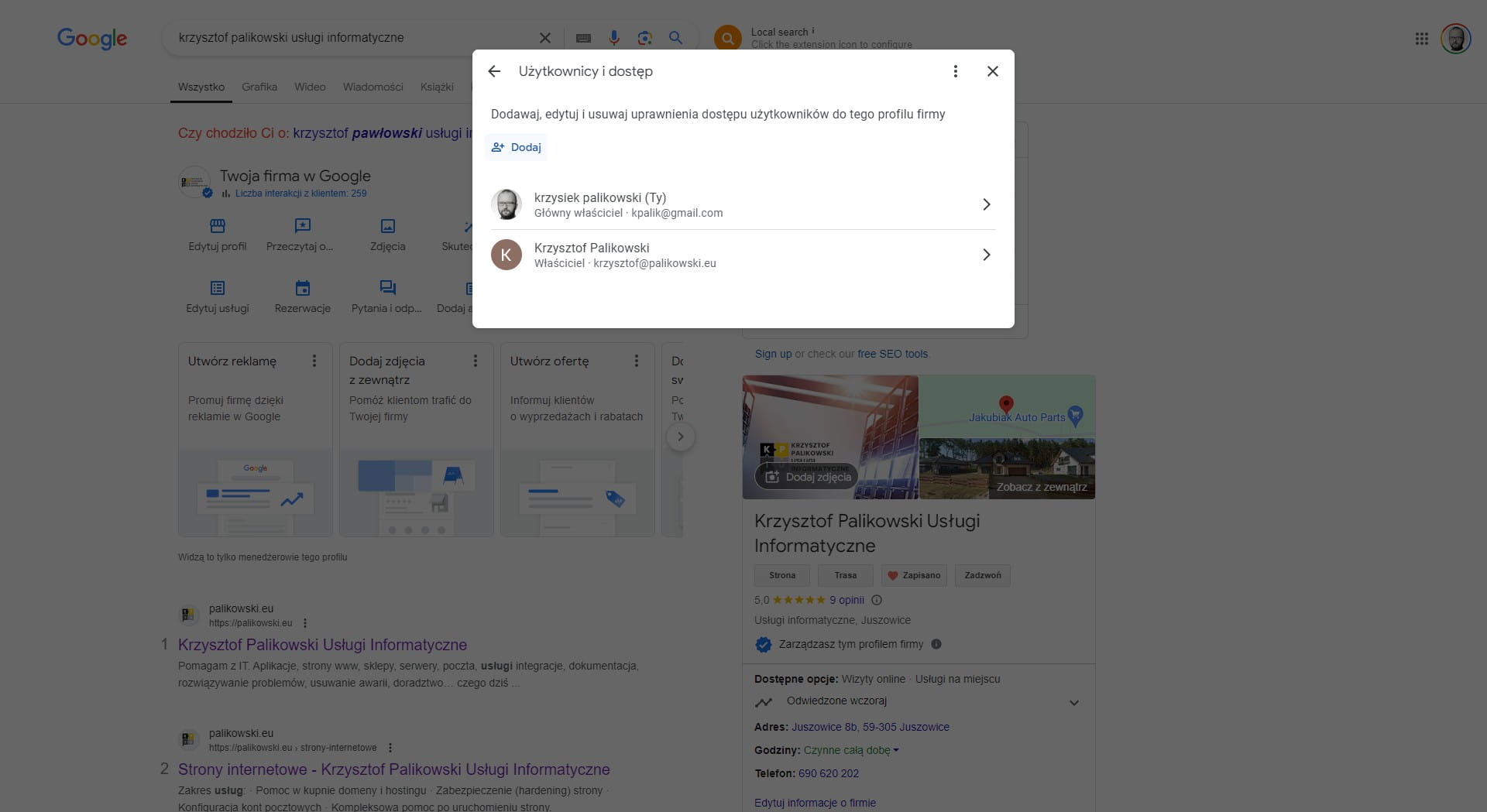 Możesz edytować uprawnienia istniejących uzytkowników lub dodać nowych klikając na "Dodaj"