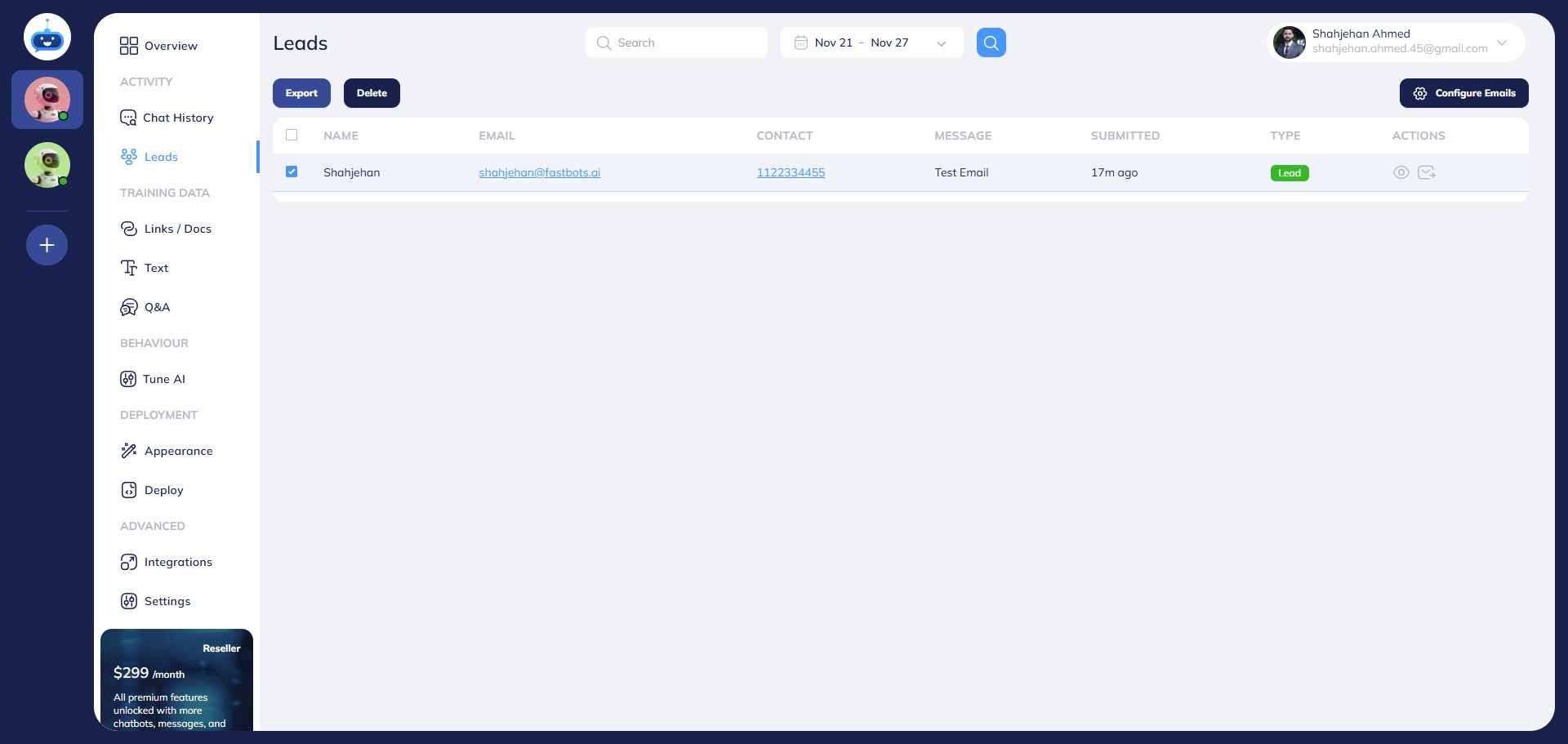 After selecting the lead, click on the "Export" button to export the lead in PDF format.