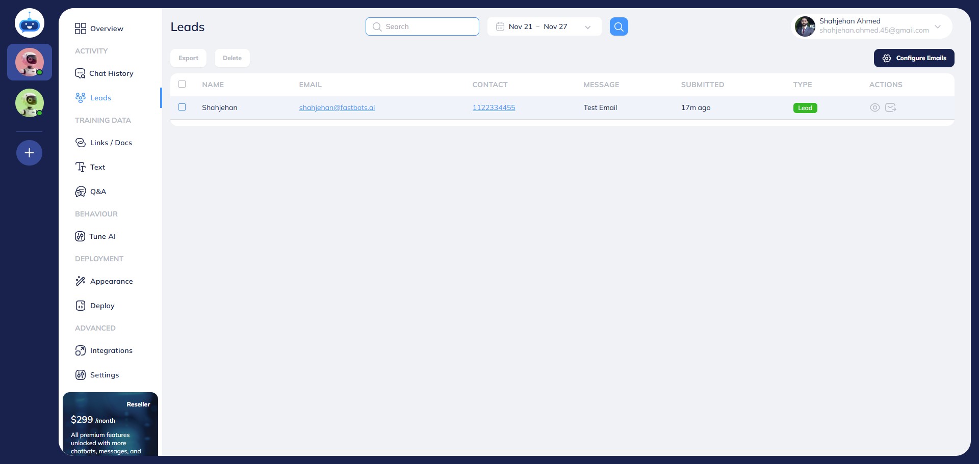 Select the lead that you want to export by clicking on the "Checkbox"