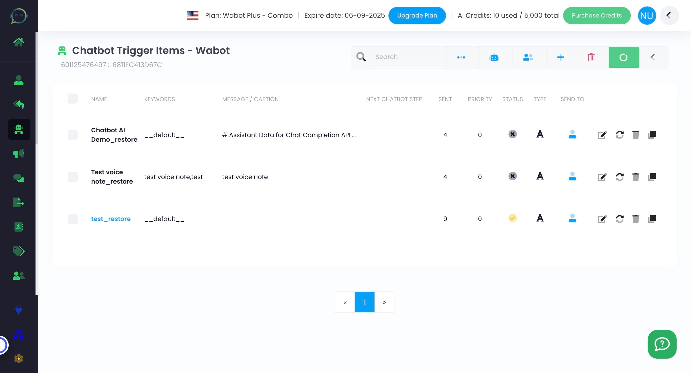 Click on the item list that you have set for chatbot AI
