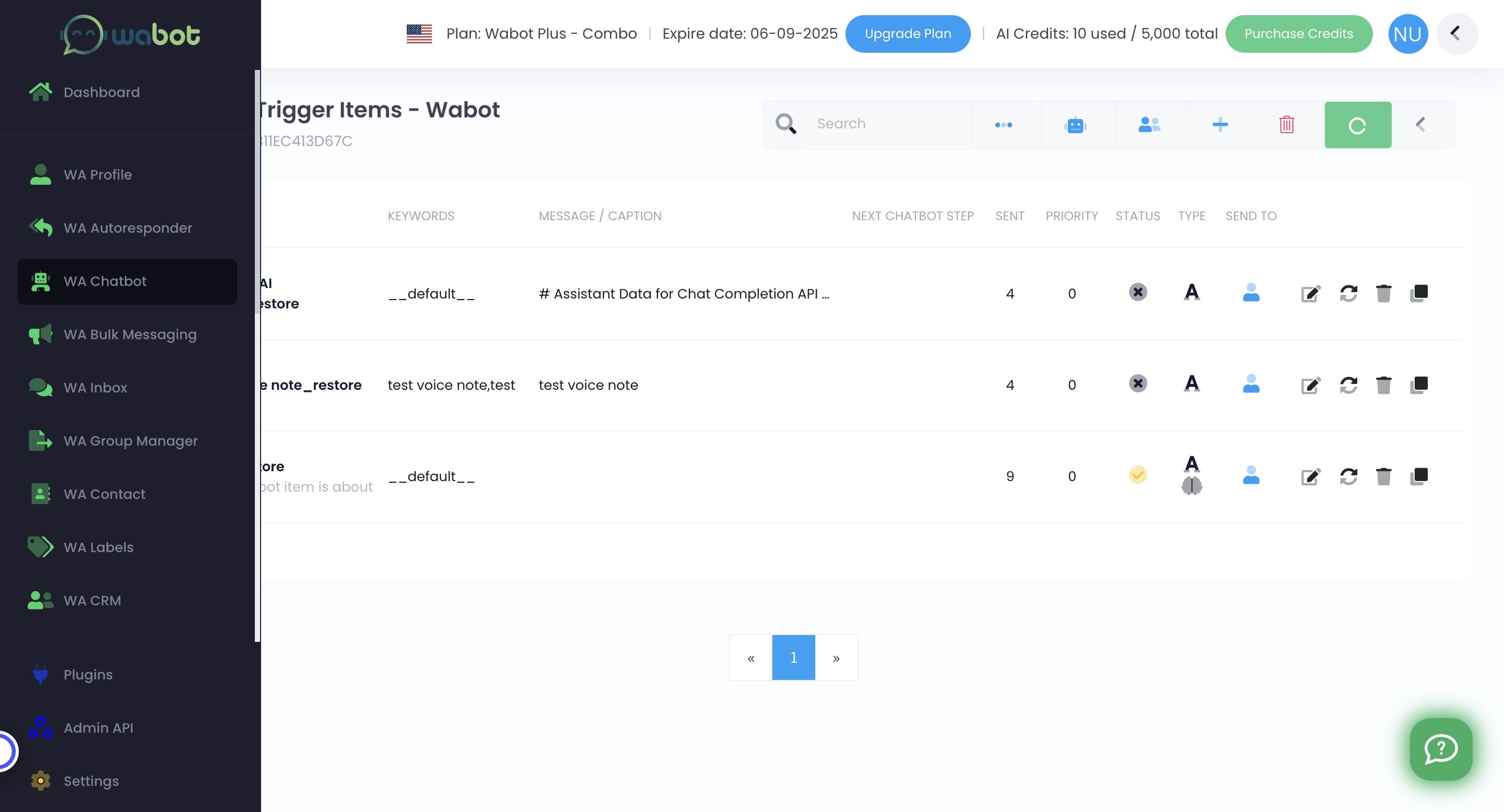 Click on "WA Chatbot" to check whether the "red" mark disappear or not