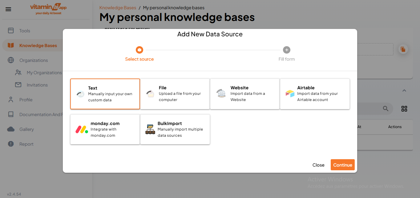 You can choose between different data sources. Choose the one you want and hit "Continue". Here we are going to look a ''text'' data source first