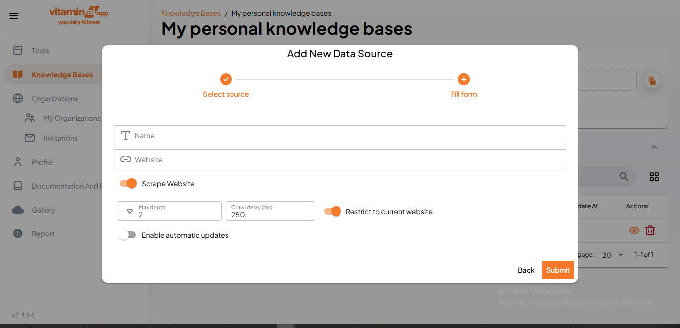 Here you can choose the maximum depth and the crawl delay in milliseconds of the scraping process. You can also choose to restrict the scraping to the current website or have no restrictions.