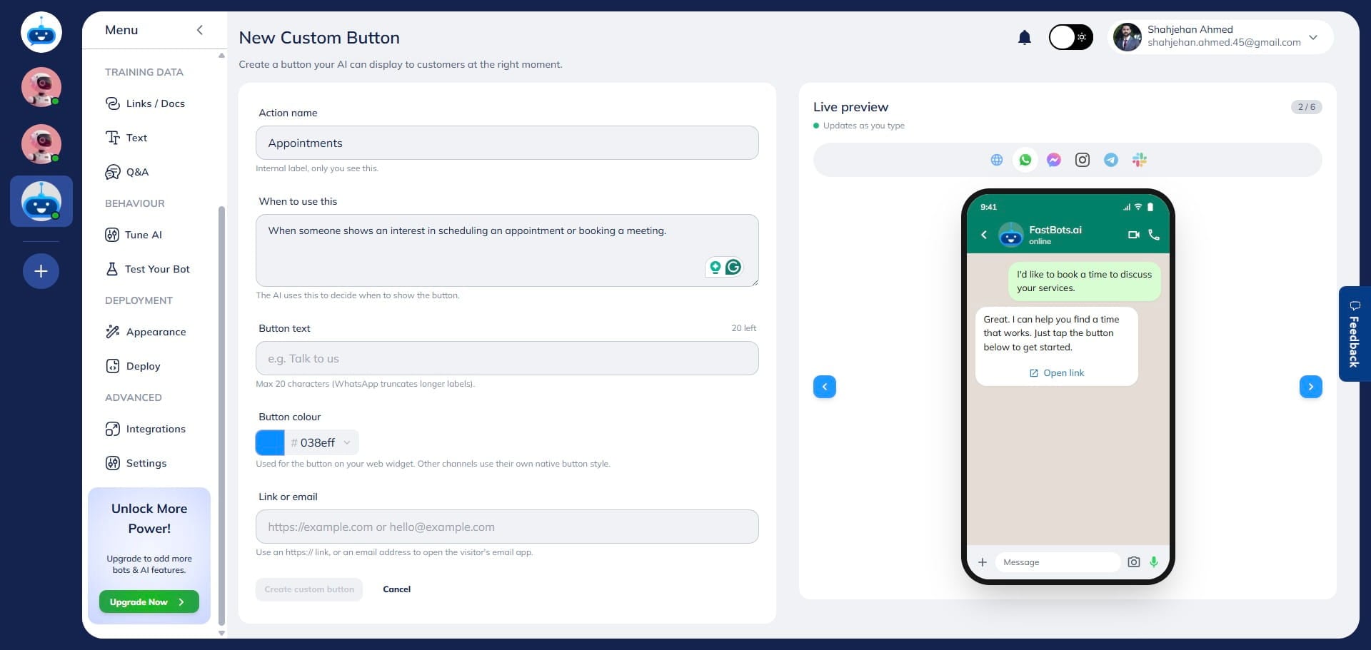 On the right side of the screen, you'll see a live phone preview displaying an AI-generated sample conversation and the custom button across all supported channels. The preview updates in real time as you modify the **When to Use** instructions or add additional buttons. You can also switch between platforms such as WhatsApp, Messenger, and Website Chat to see how the button will appear to users.