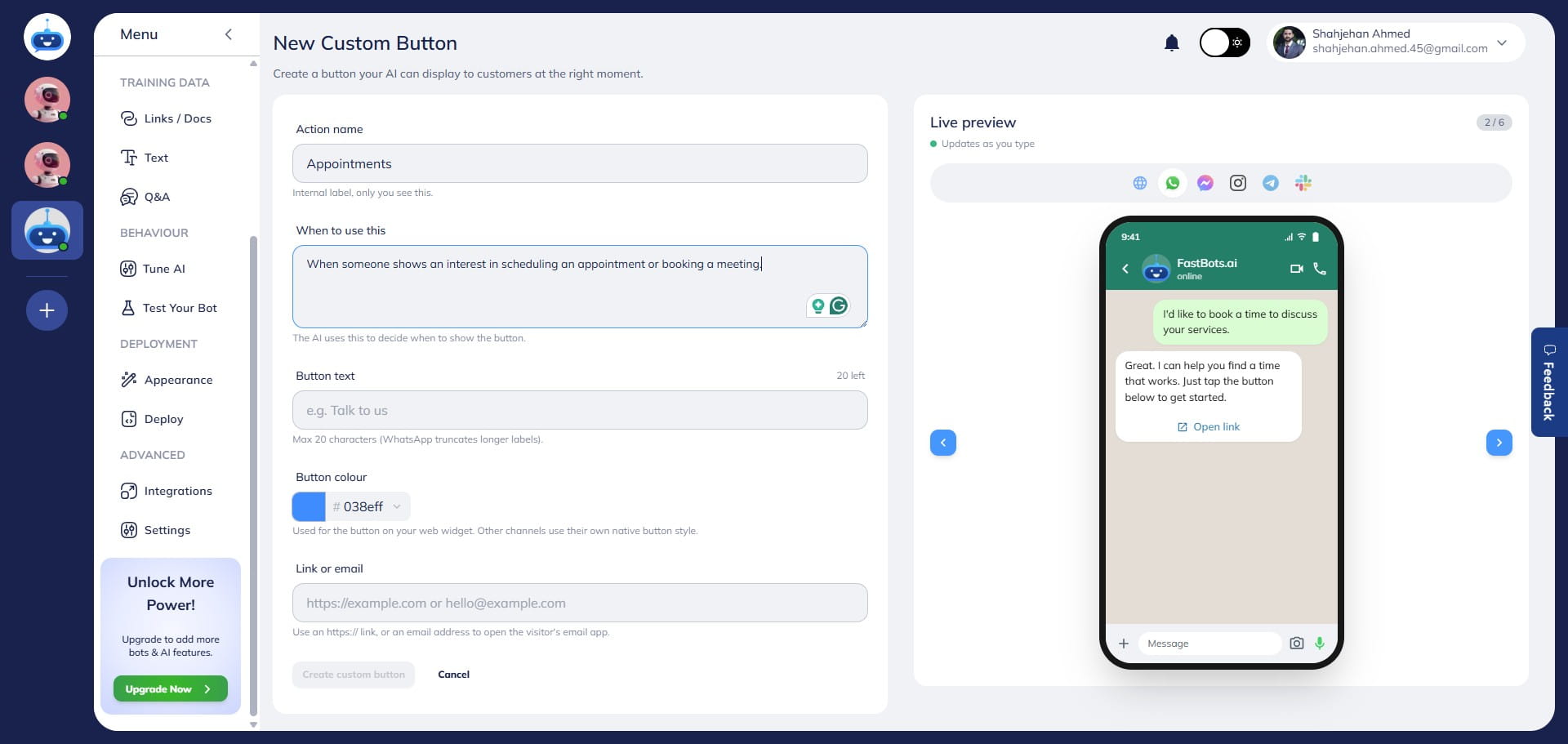 Enter a **When to Use** instruction that describes when the button should appear in the conversation. For example: *"Show this when the user asks to book an appointment or check availability."* The chatbot uses these instructions to determine when to display the button.
