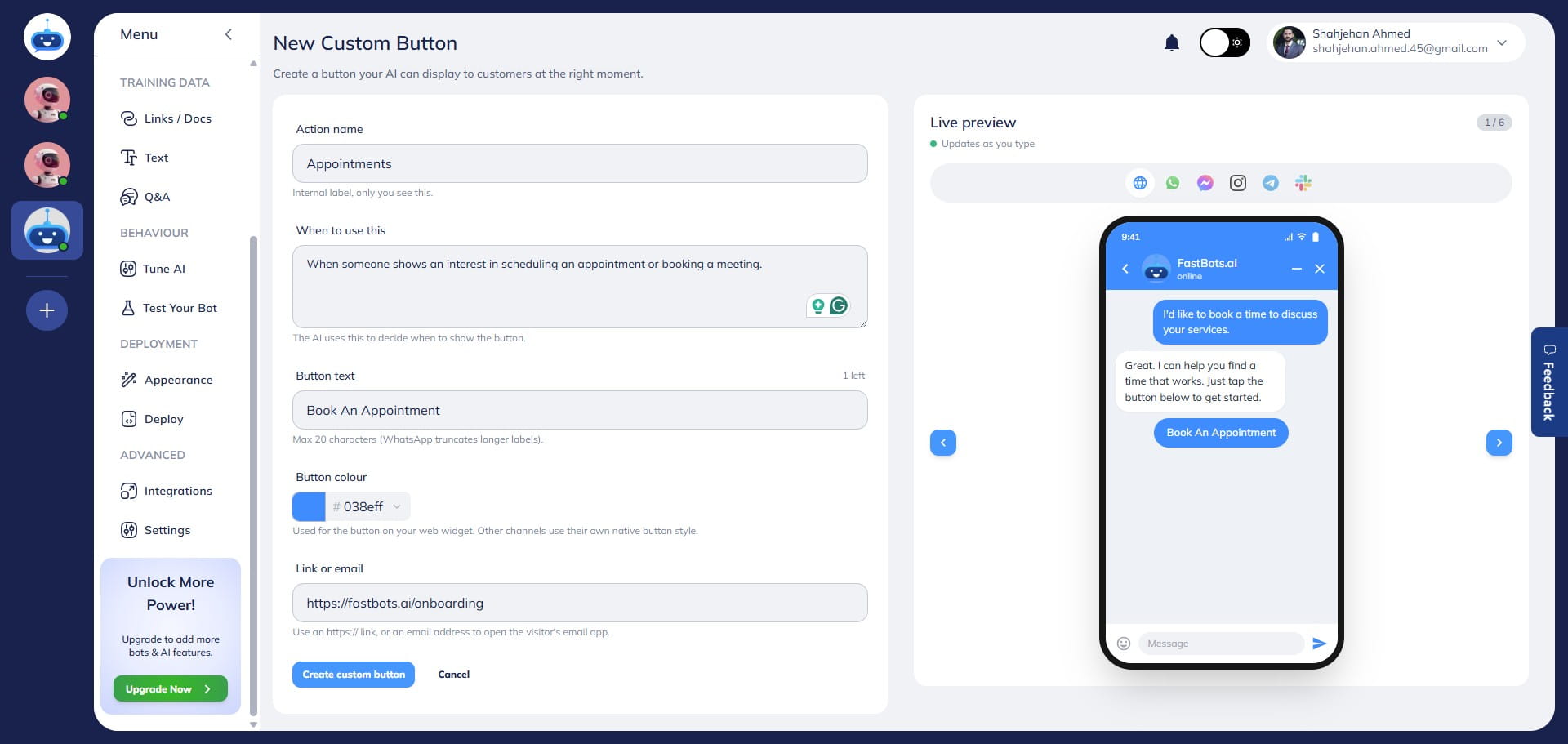 Review the live phone preview on the right side of the screen. The preview updates automatically and allows you to see how the button will appear across different channels, including WhatsApp, Messenger, and Website Chat.