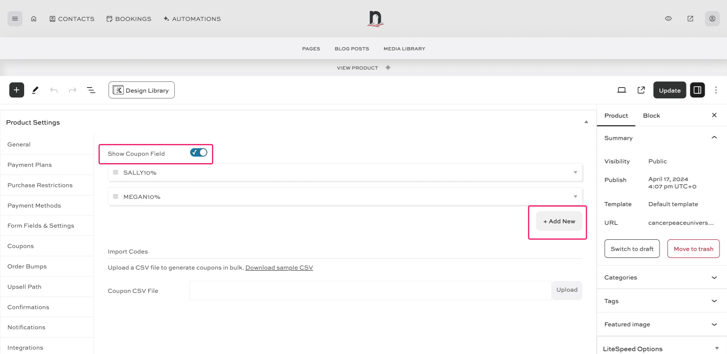 Make sure the 'Show Coupon Field' is toggled on, then click the "+ Add New" button