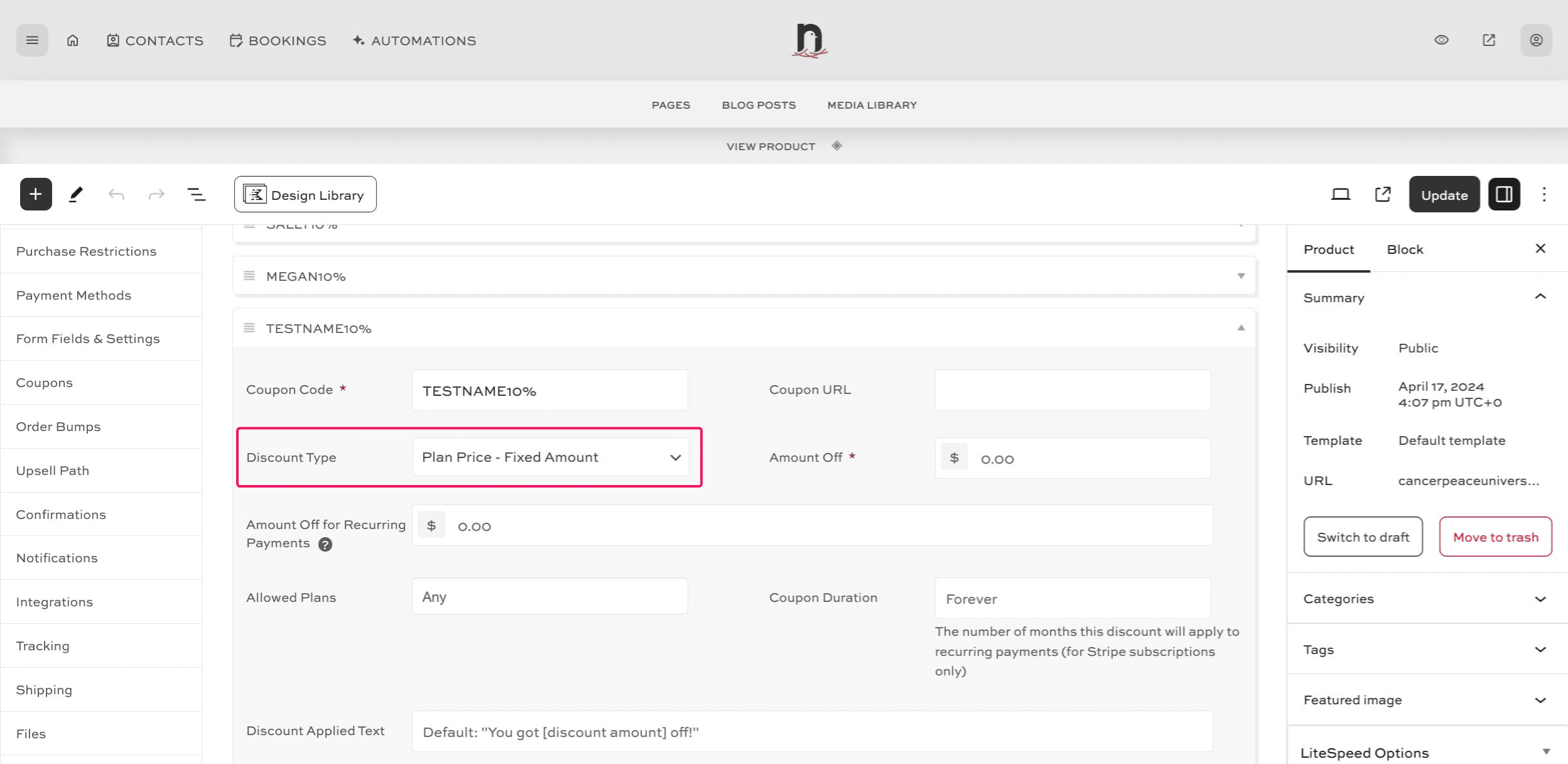 Under 'Discout Type' select the correct option for your use. For a percentage, we'll choose "Plan Price - Percentage".  