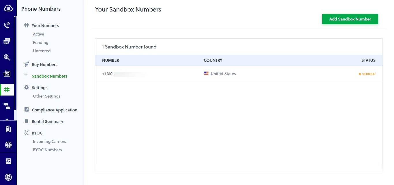 Click on "Add Sandbox Number" The number you signed up to your Plivo account will be listed here, normally that would be your network cell, so you'll need to add a VOIP number to test.