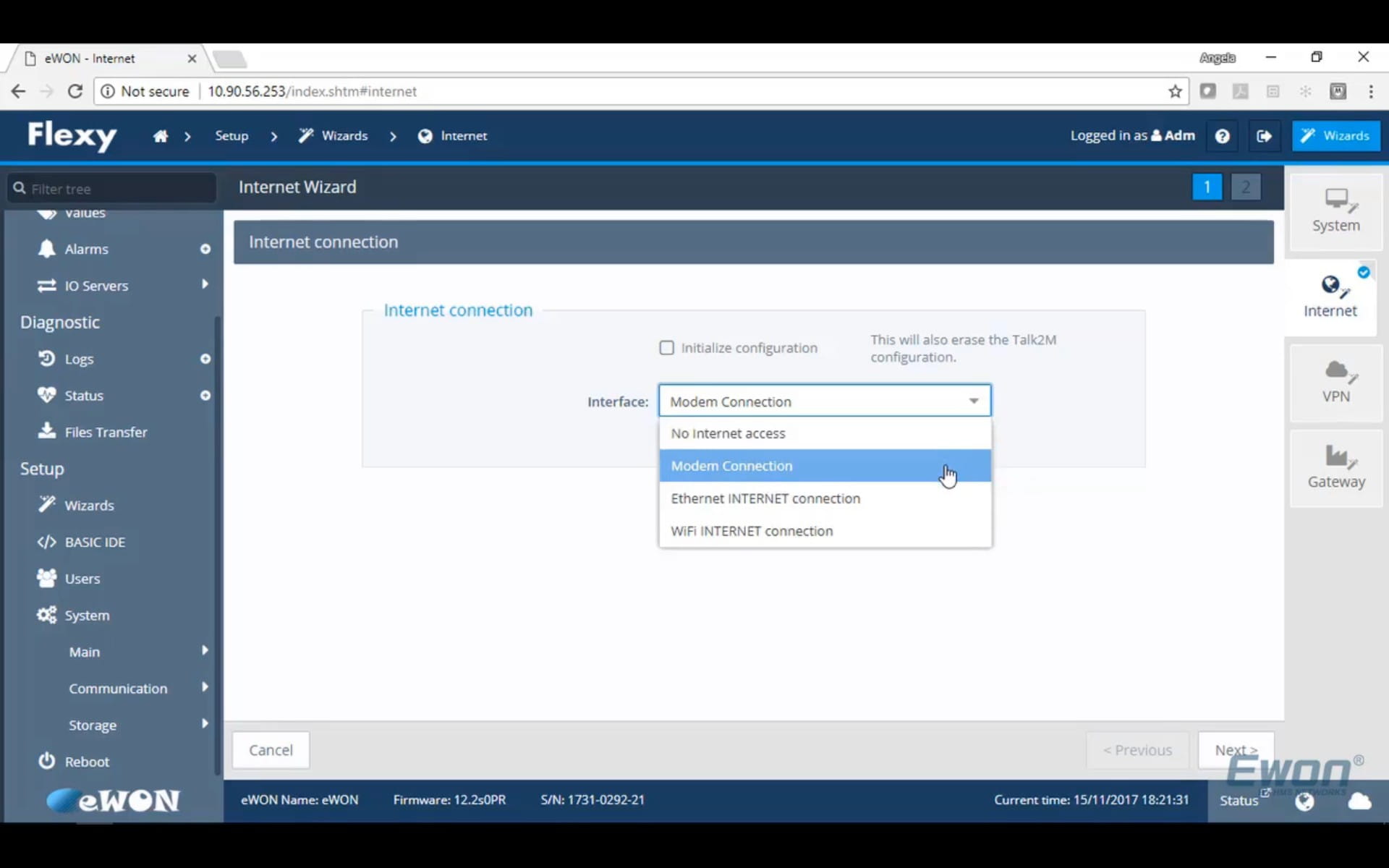 Select your WAN Interface (Internet source) in the Interface drop down.  Modem Connection is for a Cellular Connection.