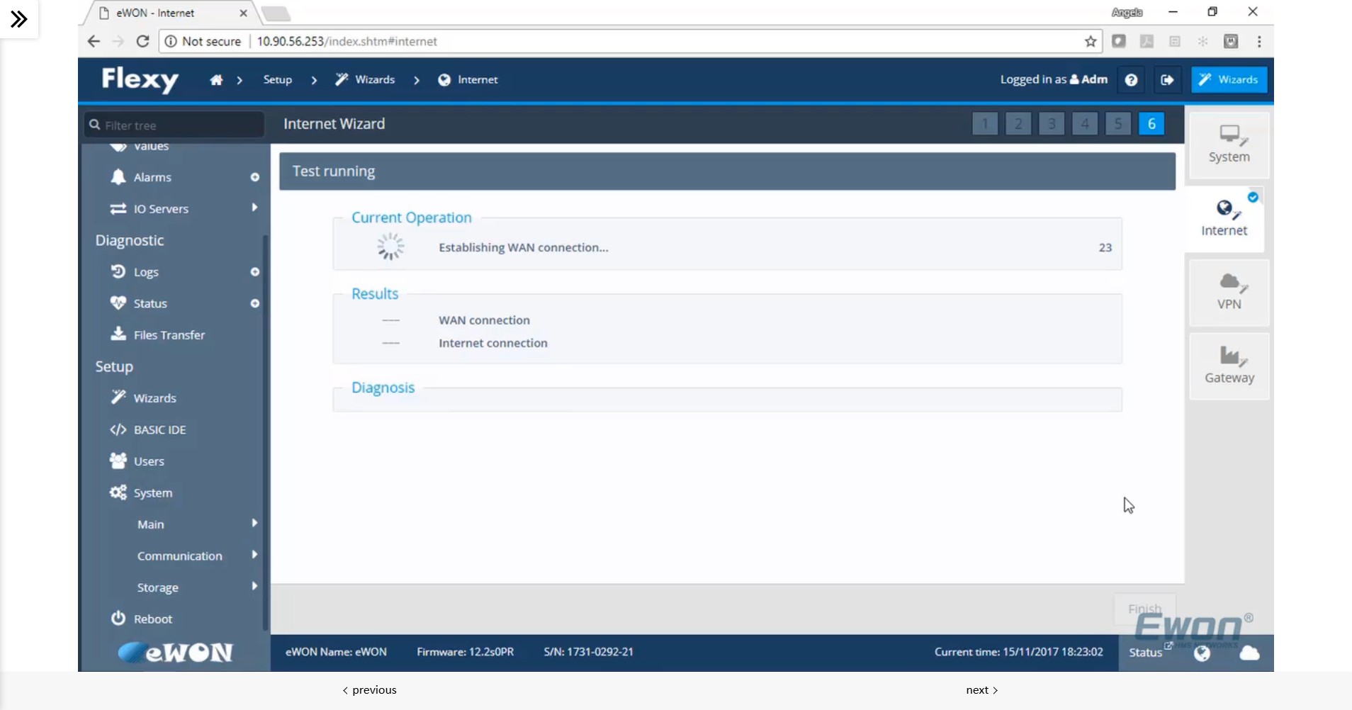 Step 6, the internet wizard will run a test checking if the Flexy is able to successfully establish a WAN connection to your Cellular Provider.