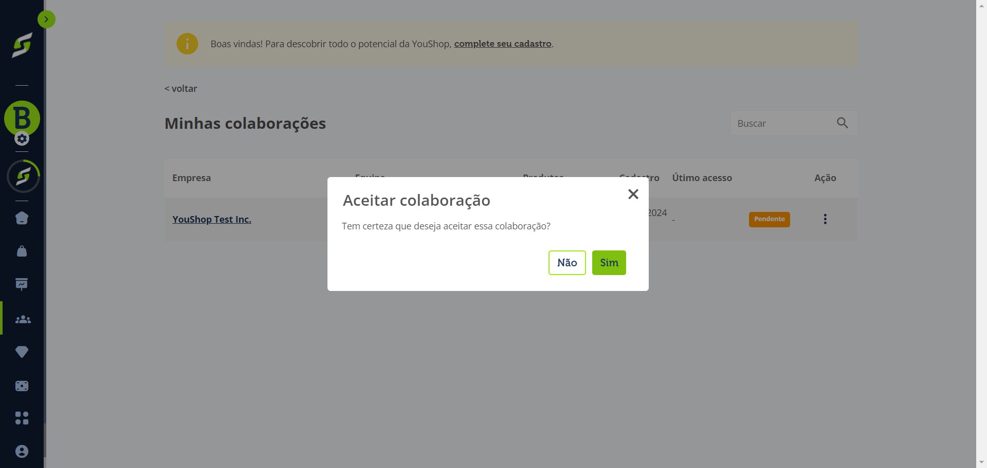 Confirme sua escolha clicando em "Sim".