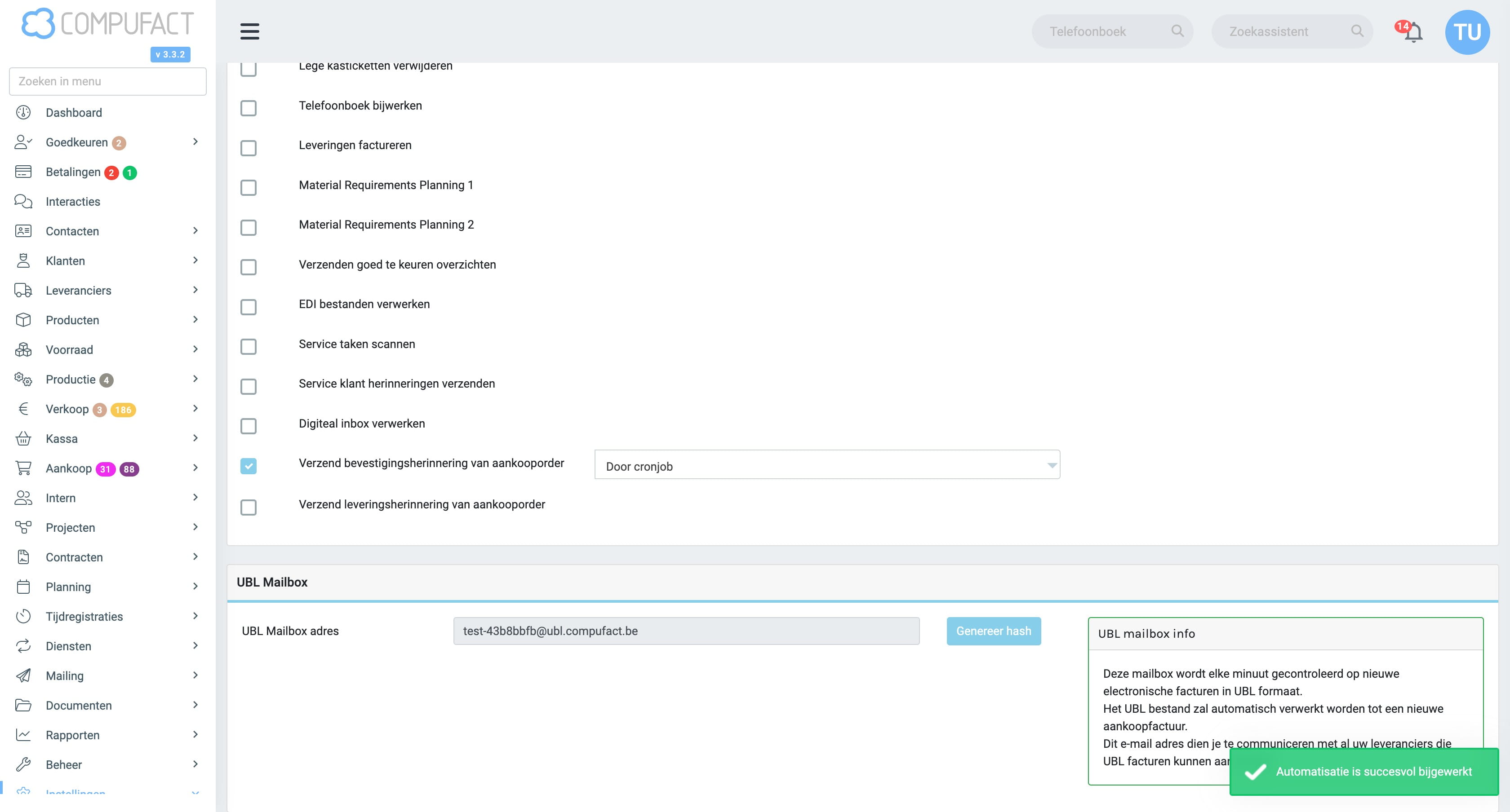 Er zal een nieuwe pagina openen, onderaan zijn er twee opties. 
- Verzend bevestigingsherinnering voor aankooporder: Deze automatisering stuurt voor elke leverancier een mail voor elk aankooporder dat nog niet bevestigd werd.
- Verzend levereringsherinnering voor aankoopoder: Deze automatisering stuurt voor elke leverancier een mail voor elk aankooporder dat een verwachte leveringsdatum heeft, dit tot de aankooporder geleverd is.