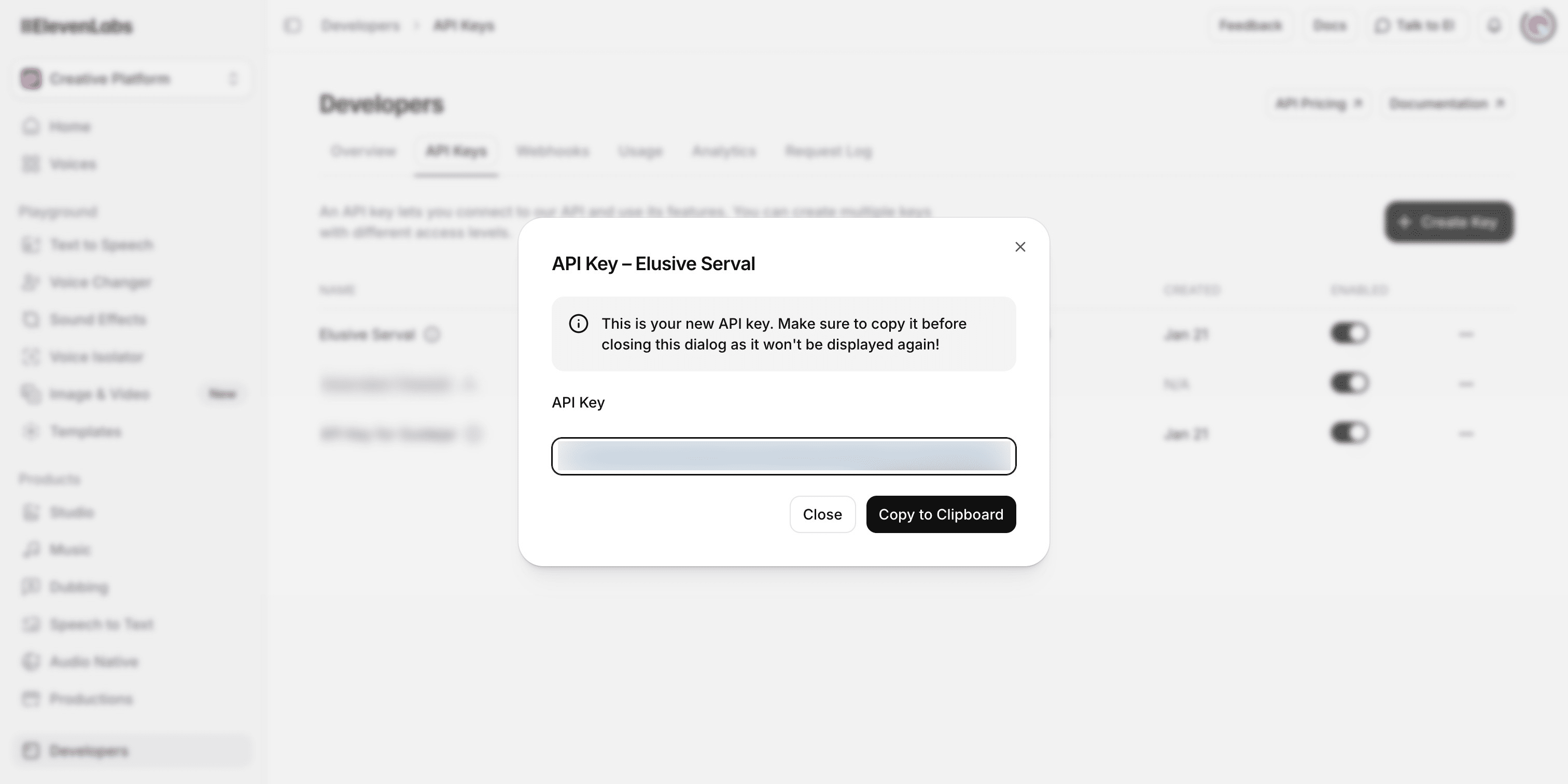 And that's it, you can copy this key and paste it in our ElevenLabs Integration module