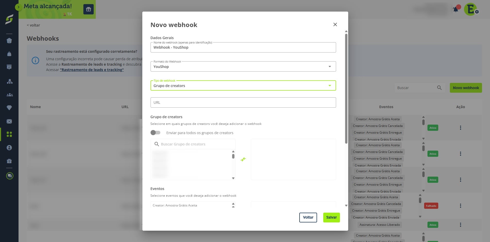 Selecione o tipo de webhook **“Grupo de creators”**.