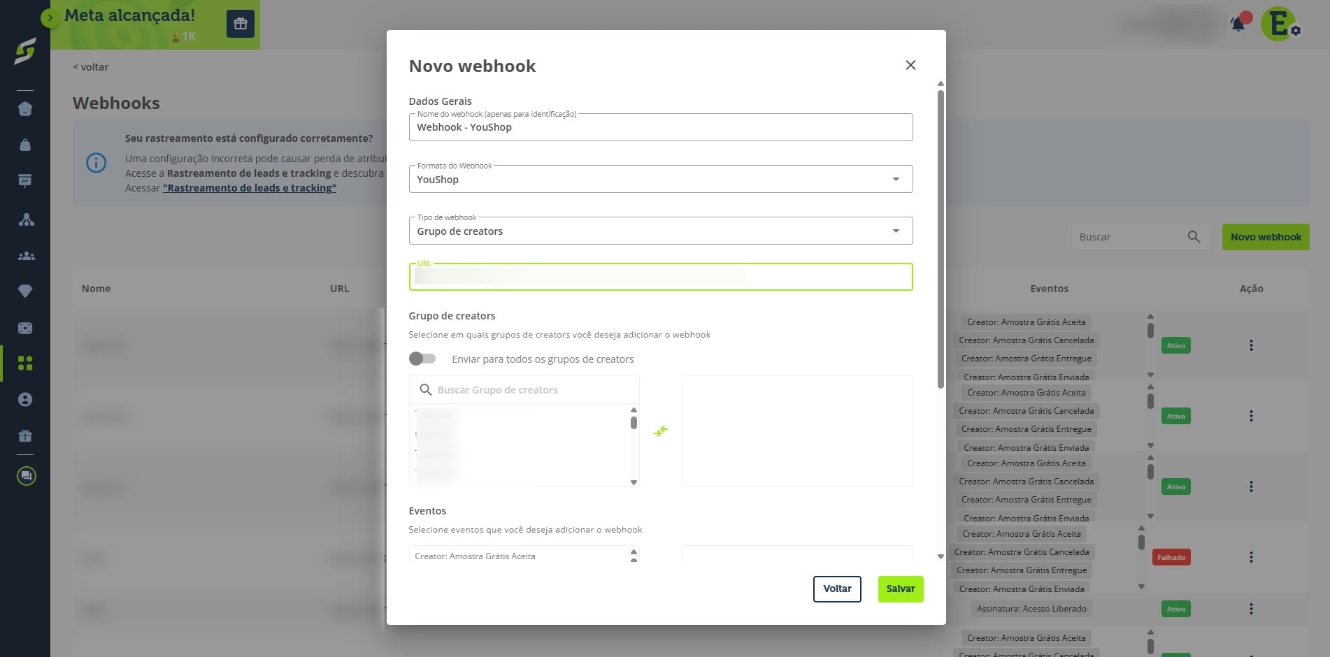Informe a **URL de destino**. É o endereço para onde a YouShop enviará as informações dos eventos selecionados.