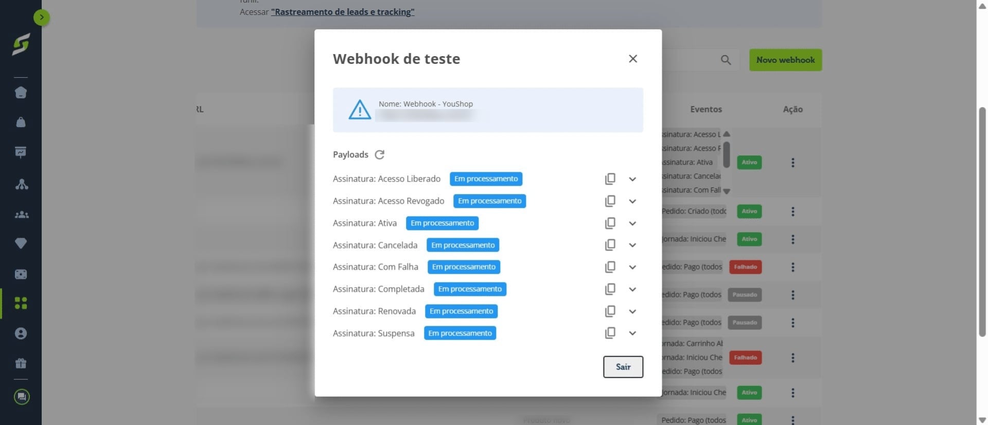 Verifique os **eventos enviados** e o **status de cada evento** para confirmar se o teste foi realizado corretamente.