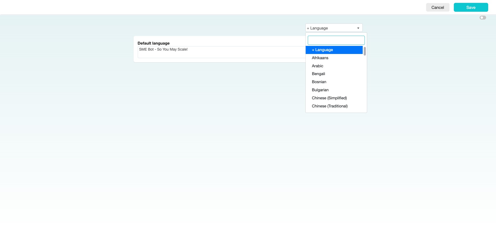 To use multi-language greeting messages, click the “+ Language” drop-down menu and select the languages you require.
