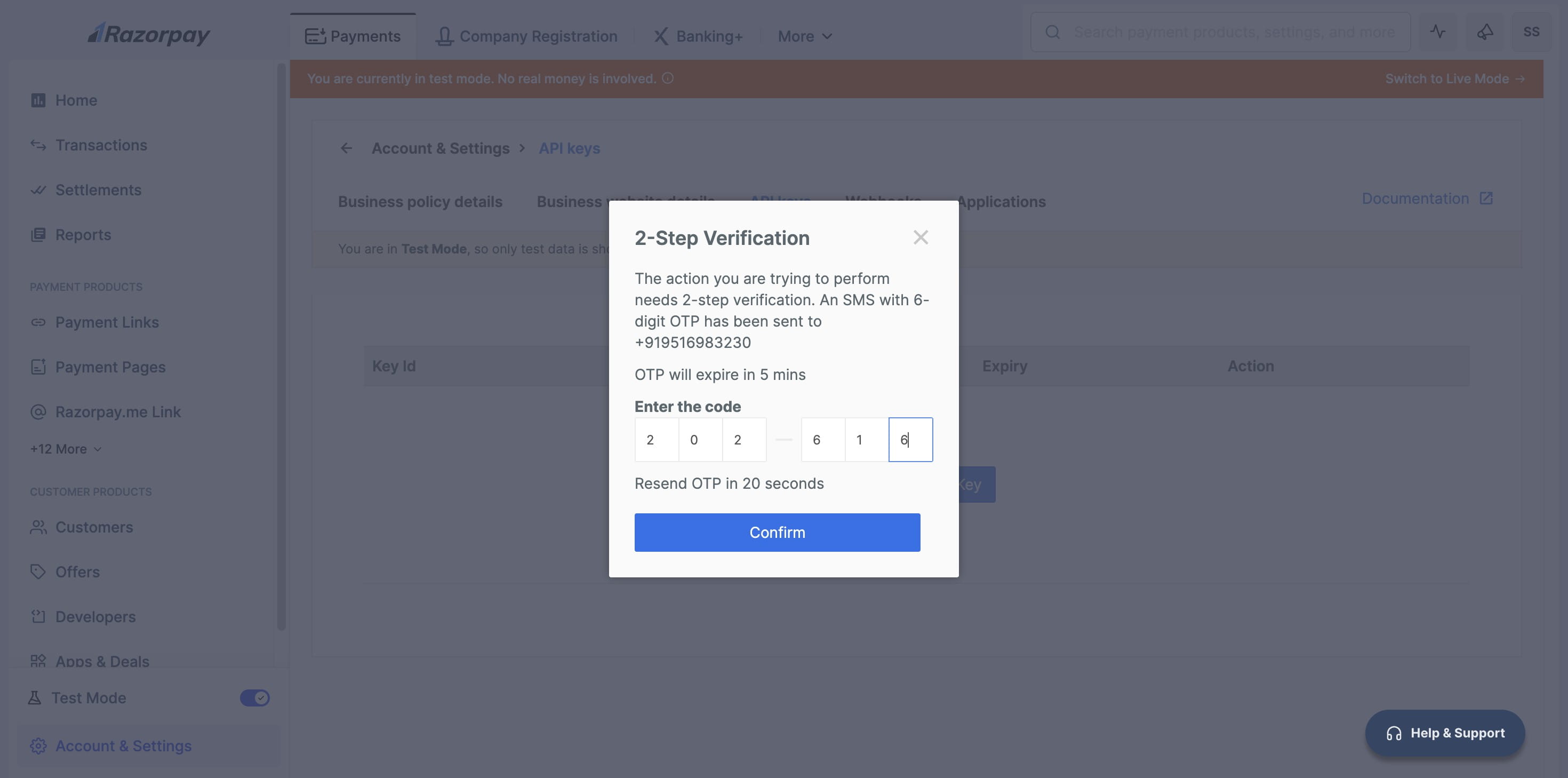 The system will prompt you to enter the OTP. After entering it, click the "Confirm" button.