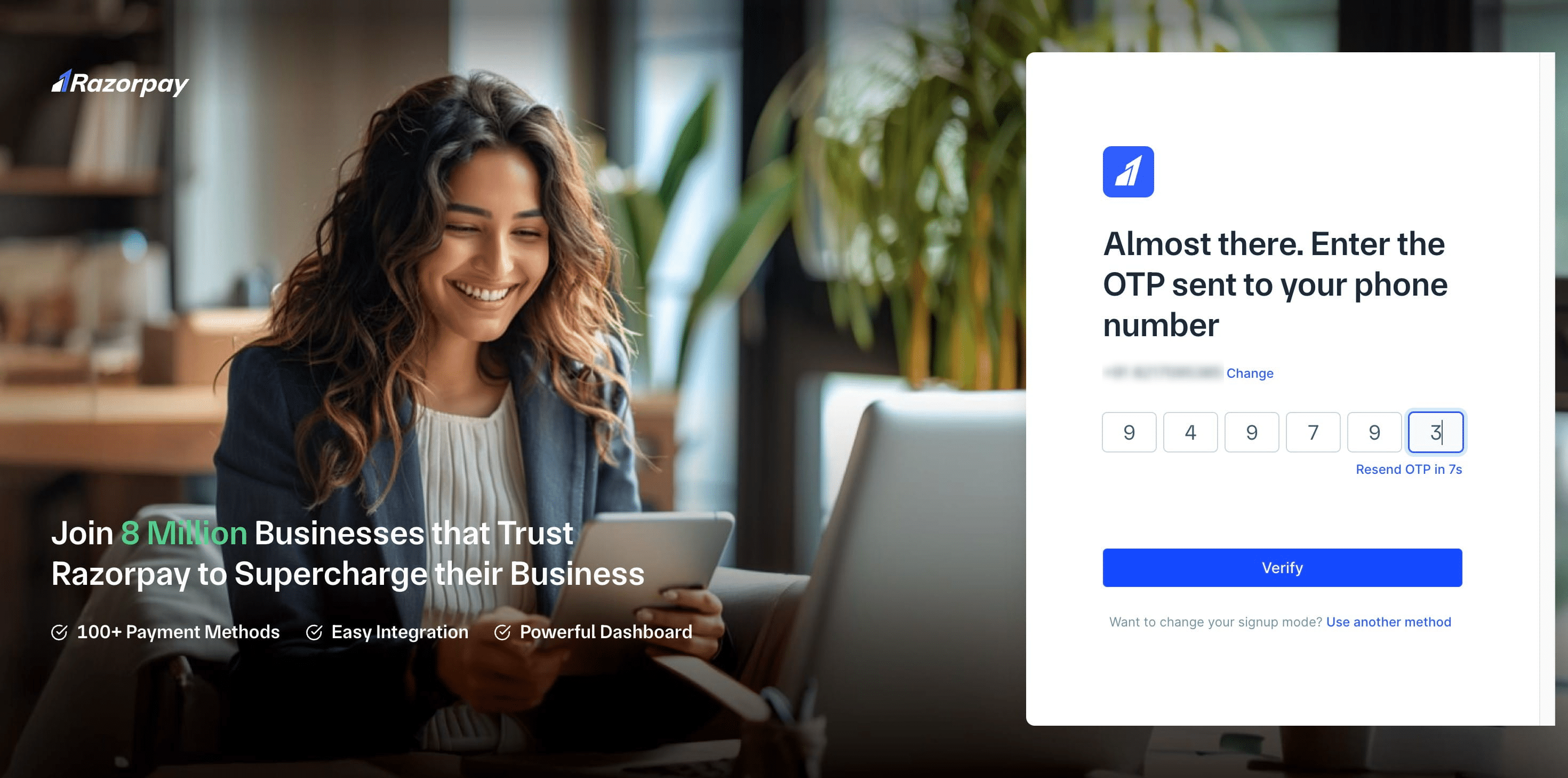 Enter the OTP, and then click the "Verify" button.