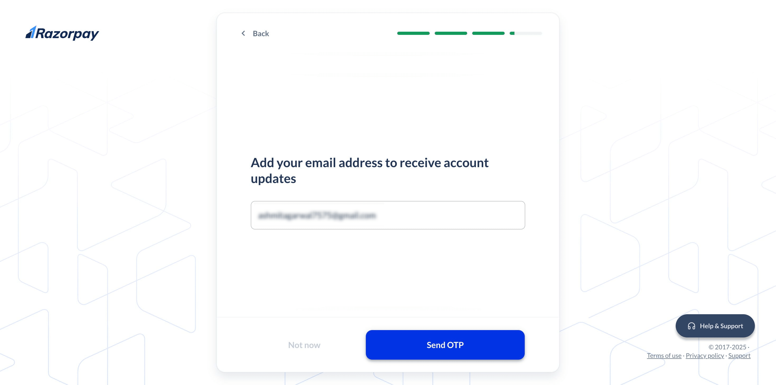 Put the **email address** to receive account updates about your business & Click on "Send OTP"