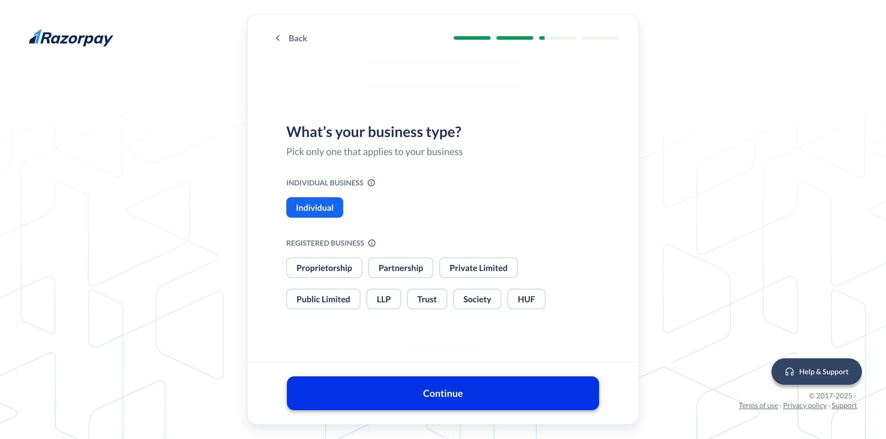 Select your **Business Type** & click "Continue"